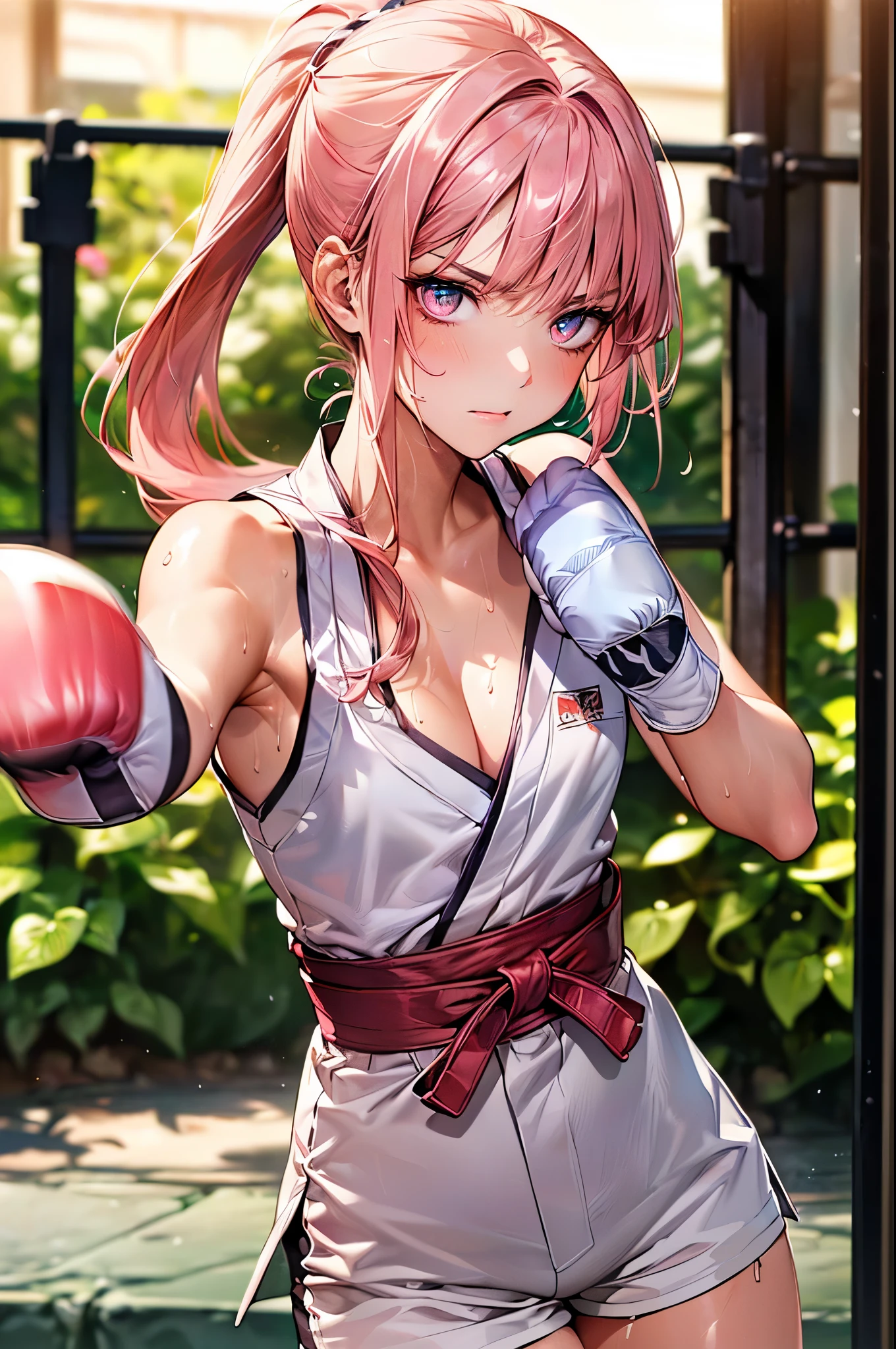 dynamic angle、nsfw,((perfect anatomy,realistic,:1.4,RAW Photography:1.3,masterpiece、highest quality、Ultra - High resolution、High resolution、Highly detailed CG、8K)),1 female,solo,((20 year old beauty,beautiful detailed face and eyes,gorgeous eyes,pink eyes)),((pink hair,ponytail,long hair,blunt bangs,straight hair)),((medium breasts,slender body,small head:1.4,skinny)),(oily skin,gleaming skin,shiny skin,sweat:1.4),((Karate's white uniform, cleavage,sleeveless、white micro shorts)),karate training in progress、((punching_hitting the bag:1.7)),action pose、(Japanese-style garden,outdoor)、Tokyo、moonlight、