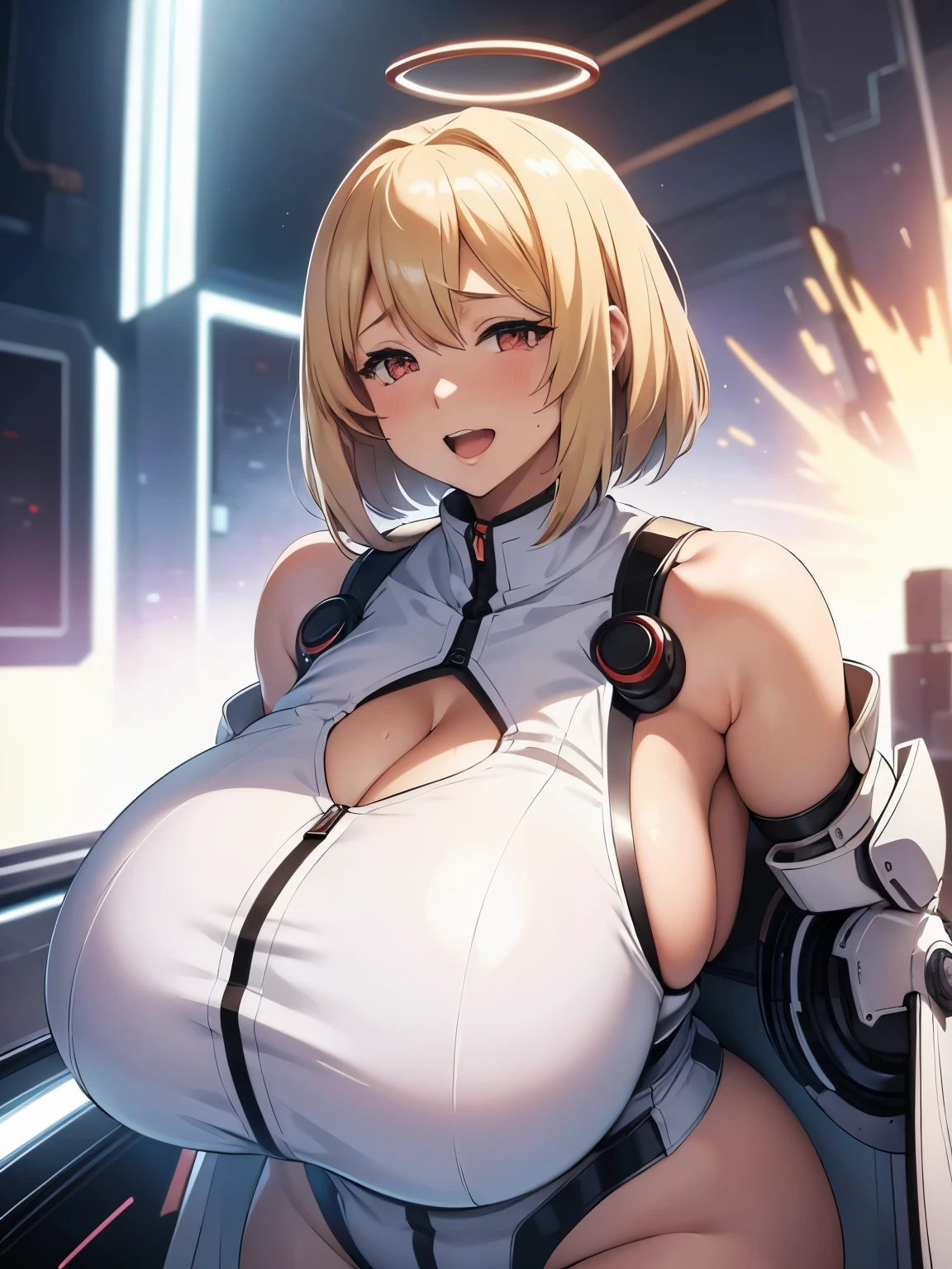 (anime,anime style:1.3), a very sexy woman wearing white sexy suit, very giant breasts, bare shoulders, cleavage cutout, Sci-fi clothes, sexy pose, 1girl, solo, chest twice the size of the body, (huge-breasted:1.5),(gigantic tits)+++,gigantic cleavage breasts, Big milk,Super burst breasts, (gigantic breasts)+++, chubby++, plump, curvy, ssbbw, blonde hair, red eyes, short hair, huge breasts, super highleg, halo, Sci-fi clothes, smile, (tareme:1.5), solo, looking at viewer, shiny skin, open mouth, orgasm, nsfw,