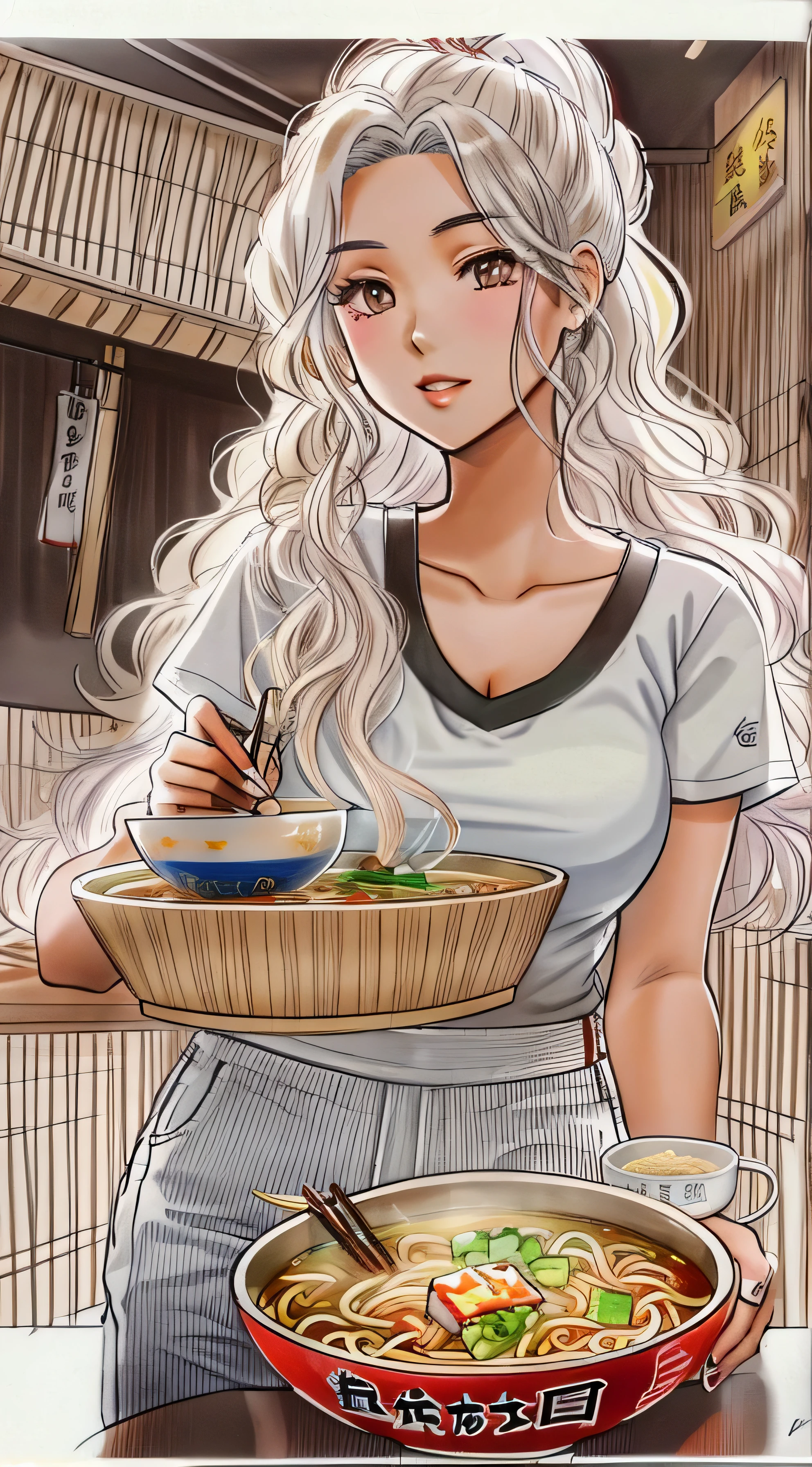 (best quality, masterpiece:1.2), Sketch full view of a hot looking asian 18 year old woman standing in front of us. She has brown eyes and long curly white hair. Food ramen. She has a nice curve physique. She is tight white top and hotpants. has a bowl of ramen and chopsticks.