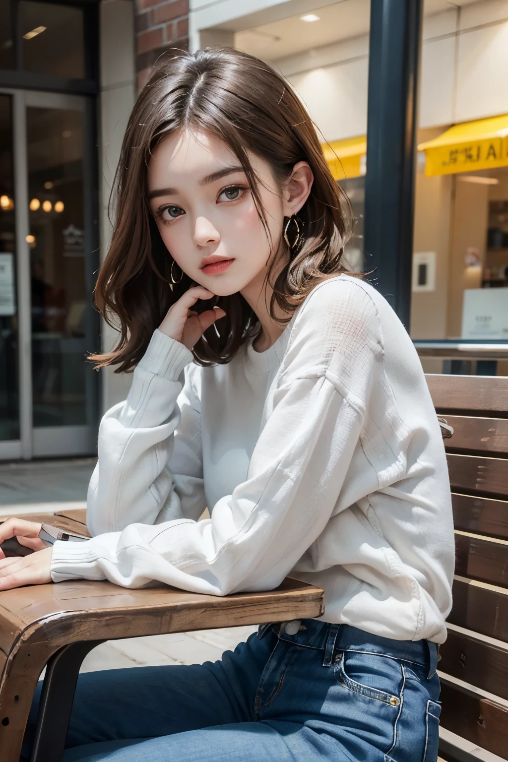 ((highest quality)), ((masterpiece)), (be familiar with), perfect face
((A soft filter is applied throughout)),woman around 25 years old、adult women、The angle is from diagonally below.、A downcast gaze that looks down on the camera、beautiful face、Short hairstyle with diamond-shaped silhouette for brown hair,A little hair falls on the face、Small earrings、Wear long sleeves(Large cool pastel color knit,The hem is outside the bottom、Not in)、The bottoms are denim、sitting cross-legged、His elbows rest on his crossed legs.、He is looking at the camera while supporting his chin with his hand.、upper body only、The background is a bench at an outlet mall.、