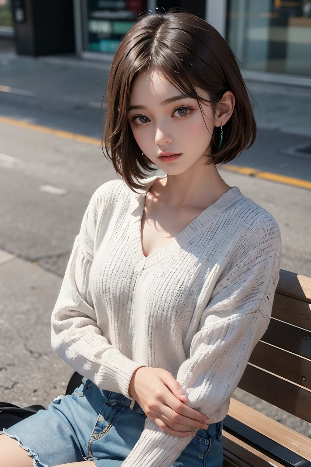((highest quality)), ((masterpiece)), (be familiar with), perfect face
((A soft filter is applied throughout)),woman around 25 years old、adult women、The angle is from diagonally below.、A downcast gaze that looks down on the camera、beautiful face、Short hairstyle with diamond-shaped silhouette for brown hair,A little hair falls on the face、Small earrings、Wear long sleeves(Large cool pastel color knit,The hem is outside the bottom、Not in)、The bottoms are denim、sitting cross-legged、His elbows rest on his crossed legs.、He is looking at the camera while supporting his chin with his hand.、upper body only、The background is a bench at an outlet mall.、