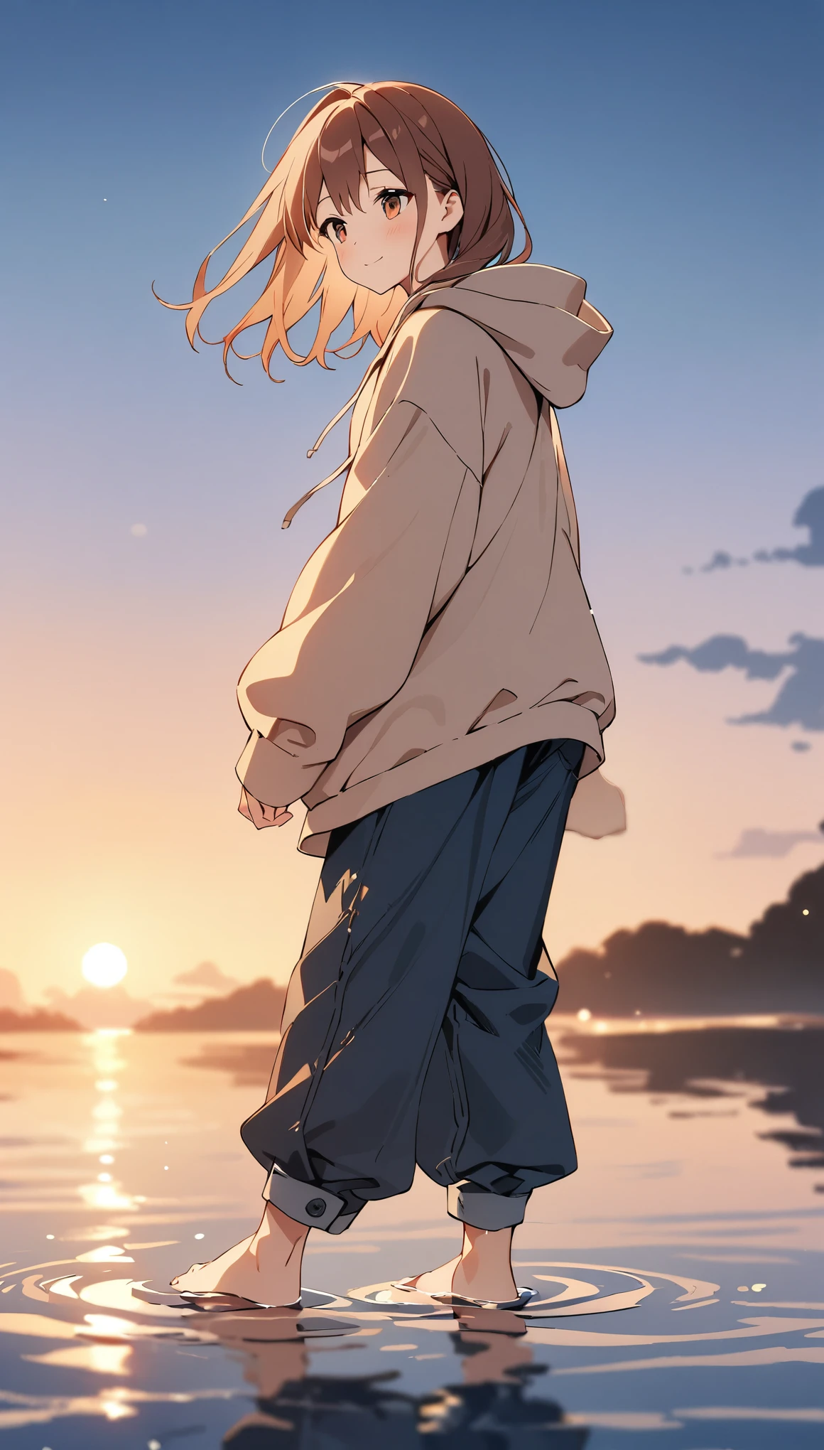 masterpiece, highest quality, movie stills, 1 girl, baggy hoodie、７cropped pants、denim、Sky reflected on the sea surface、mirror-like water surface、Reflective water surface、I can see the ankle、Barefoot、Sunset、beautiful sky, close, bright, Happy, warm and soft lighting, sunset, (spark:0.7)