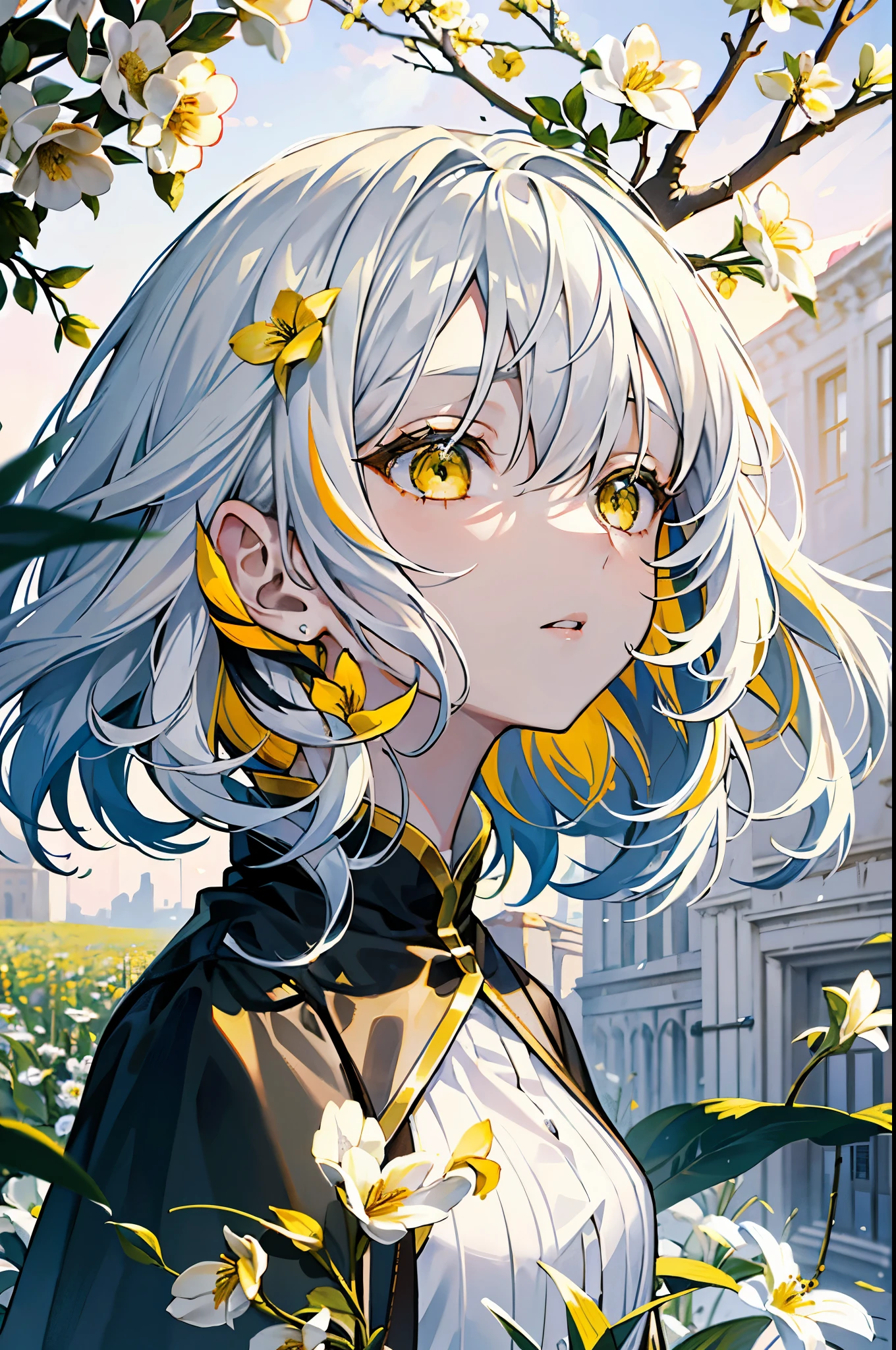 a close up of a girl with long straigth white hair, (streaked yellow hair), ((long hair)), 1girl, flower, solo, white hair, parted lips, yellow eyes, field of flower in the background, looking up