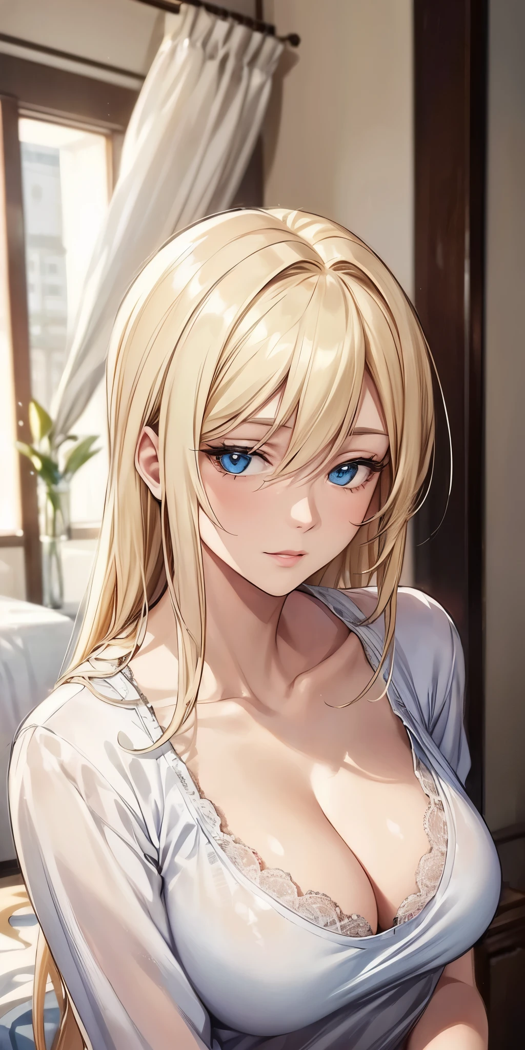 (best quality, highres, realistic), portrait, elegan woman, blue eyes, blonde hair, 8k resolution, beautiful cg, soft light