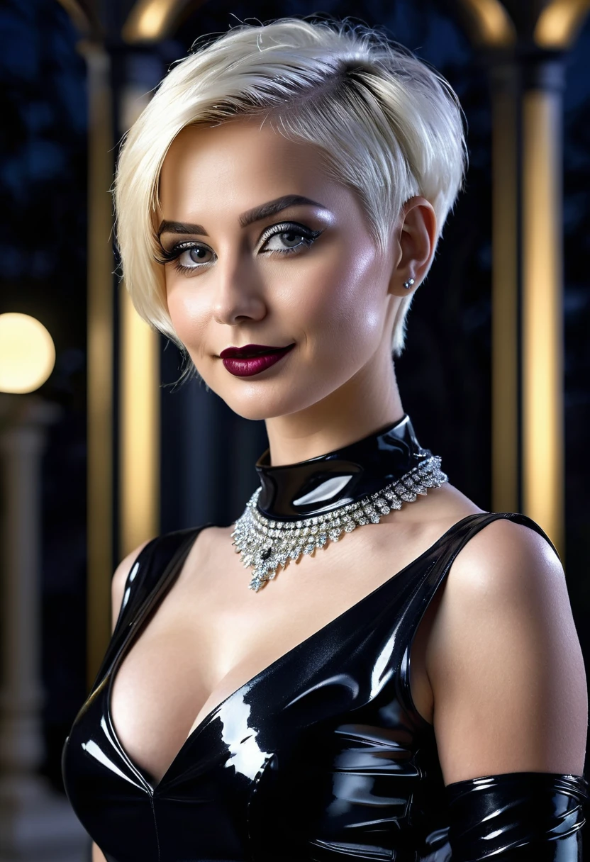 full body foto with Canon EOS 5D Mark IV. a seductive gothicdiva in a black shiny  dress of the shoulder, short platinum-blonde pixie-haircut. alluring smiling. athletic body. perfect bosom. posing in front of a modern black marble villa at night. extravagant eye-make-up lets her look very elegant and seductive. black necklace. diamond. her eyes are sparkling and faszinating in the moonlight. nighttime. highly detailed, high quality. show the gothiclady in the environment enjoying her own beauty. 