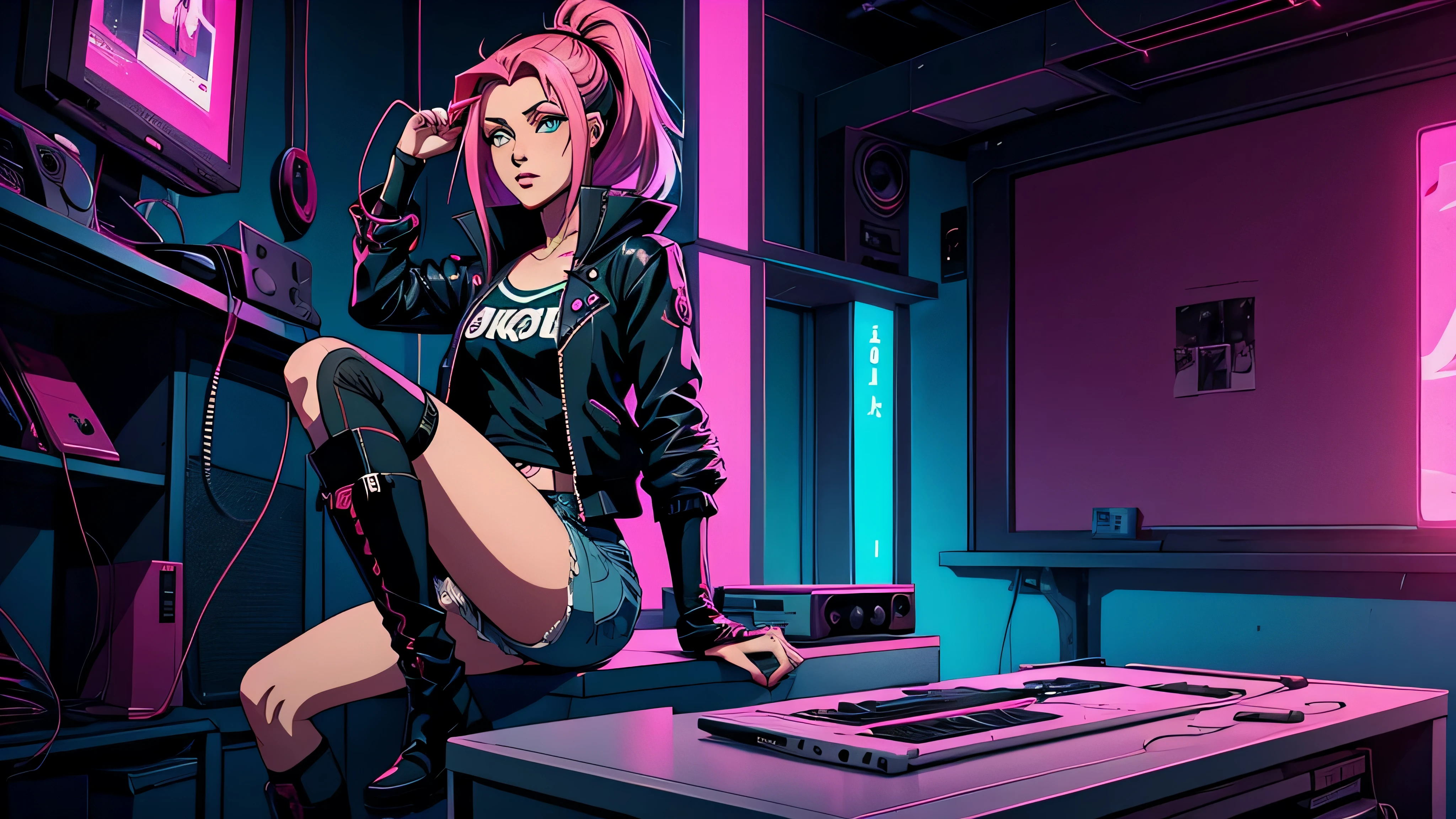 garota de anime, corpo inteiro, ao lado de uma cabine telefonica, Blusa ciberpunk, jaqueta de couro, Martem boots, Fones de ouvido em volta cabelo, Capa do álbum Anime Phonk Brain Sick, musica, ondas sonoras, com cores vermelho e preto neon