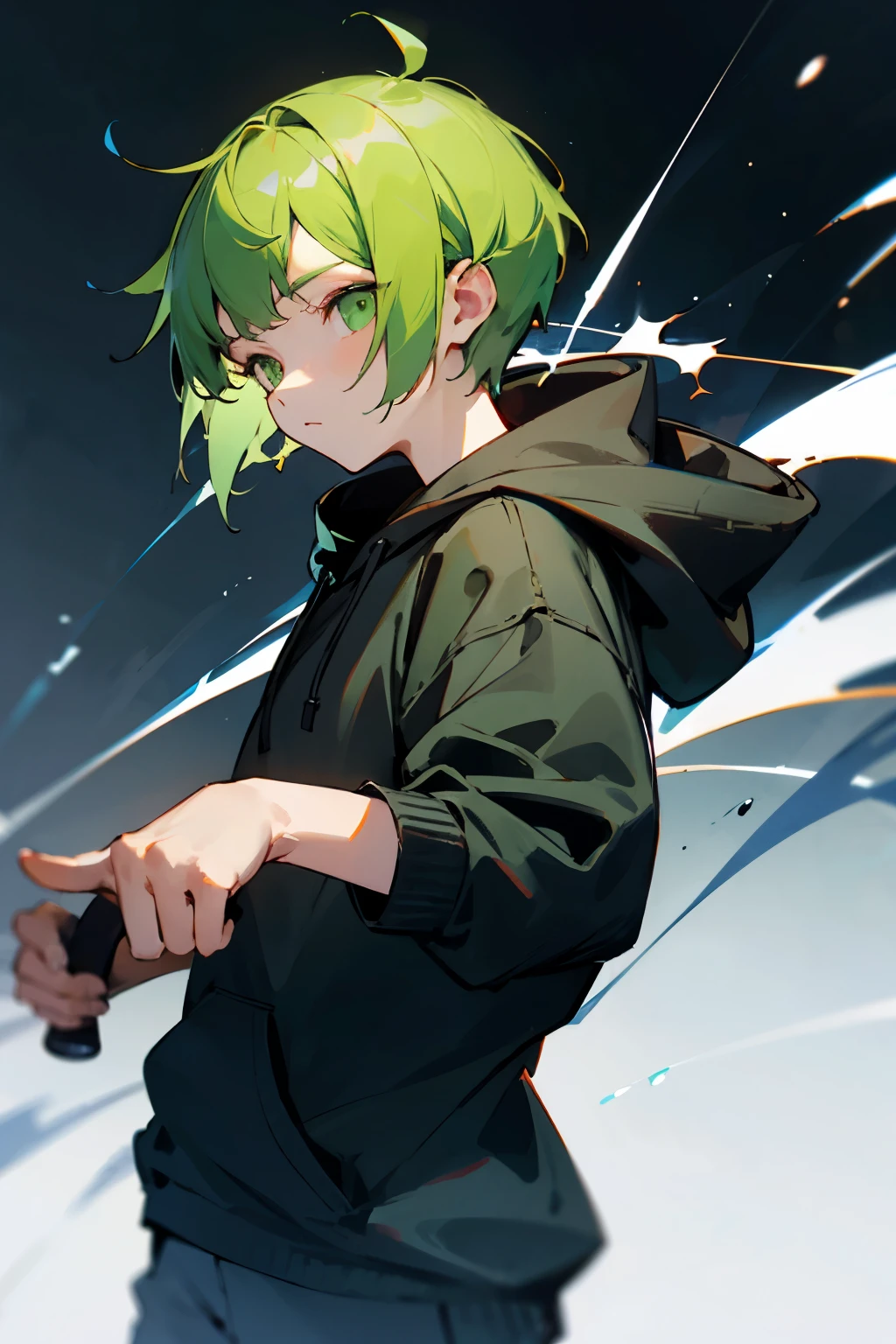 Green shorthair, green eyes, No expression, black hoodie, Holding a knife in hand, Bare