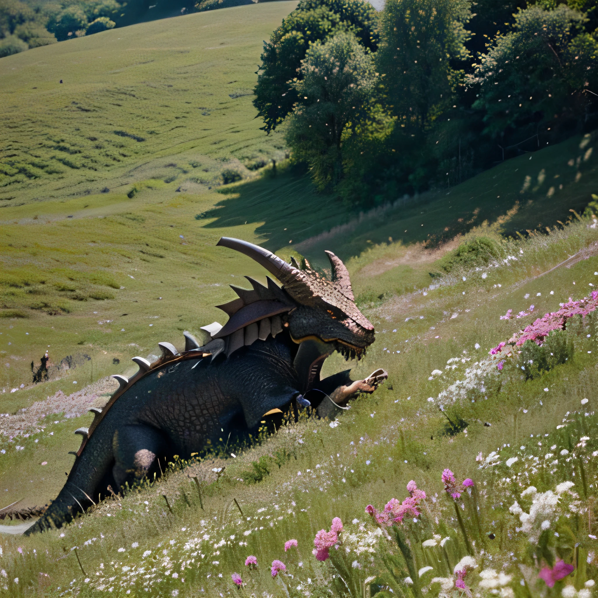 a dragon sleeps in a field of flowers on a hill, detail Eragon, Ted dragon, big dragon