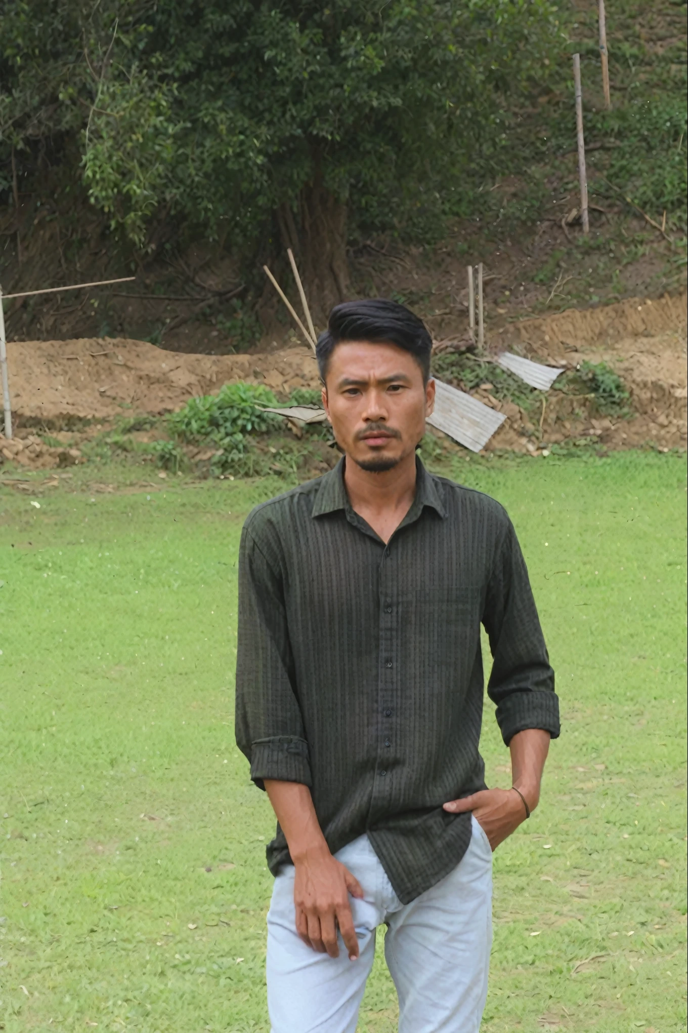 (best quality,4k,highres:1.2),ultra-detailed,(realistic:1.37) A man haolding I phone, wearing Striped green and black shirt, white Trosuor. Short black hair, (background change to village field) Portraits Additional. Image quality: Crystal clear details, every strand of hair visible, vibrant colors, sharp focus, realistic depiction of tears. Artistic style: Realism, capturing the raw beauty of the moment. Color tone: Cool and muted tones, emphasizing the melancholic atmosphere. Lighting: Soft, natural lighting casting shadows on his face, highlighting the contours and adding depth to the image.