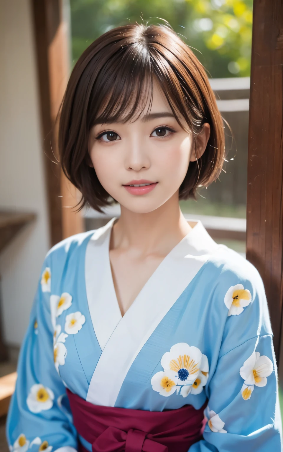cute 21 year old japanese、super detailed face、Attention to detail、double eyelid、Beautiful thin nose、Sharp focus:1.2、Beauty:1.4、(bright brown hair、short cut hair、white skin、highest quality、bright、masterpiece、ultra high resolution、(realism:1.4)、footbath、best smile、yukata、