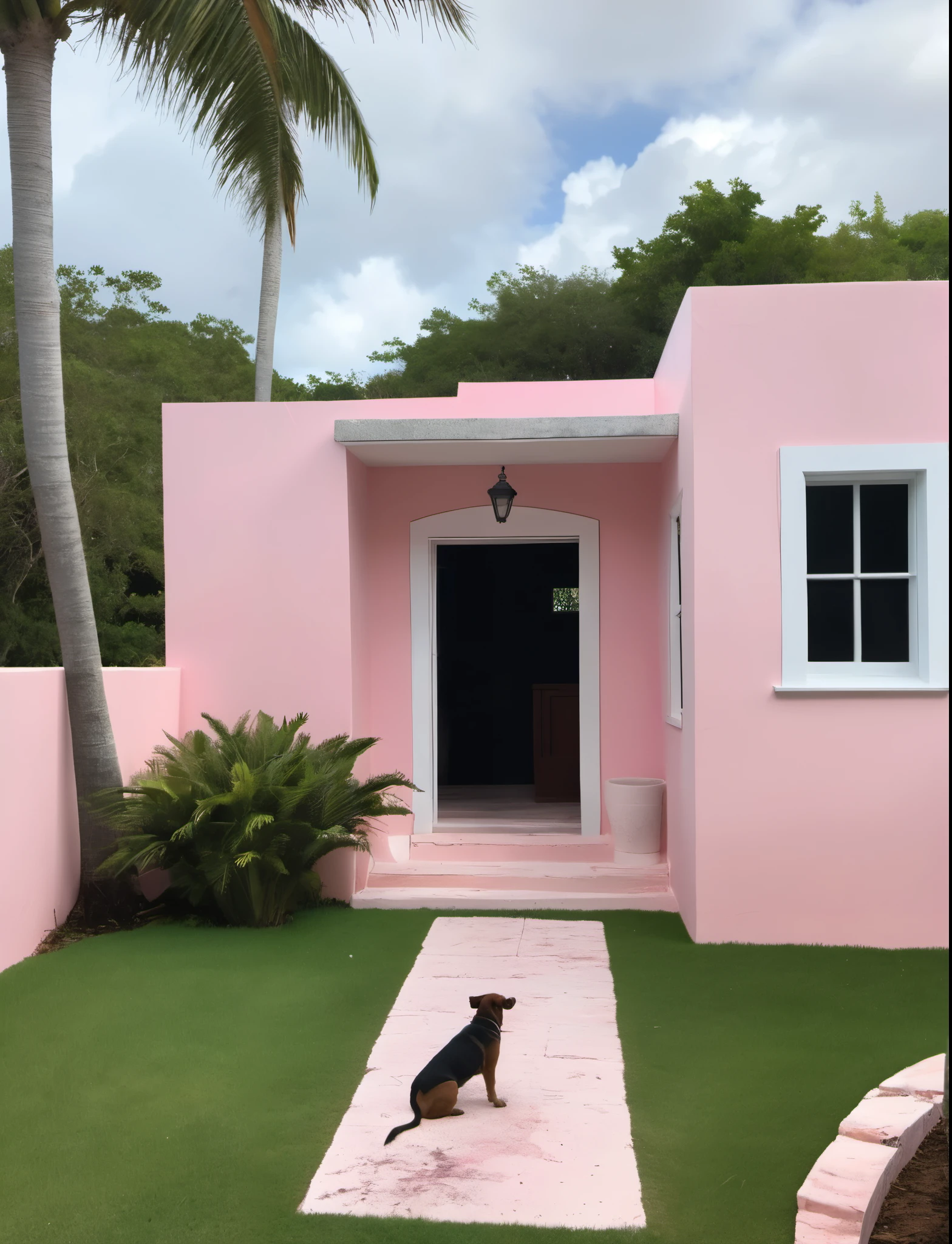 Back yard of a private home in Bermuda, pink walls with a white limestone slate roof. Hyper realistic dog pooping. dog poop in the yard