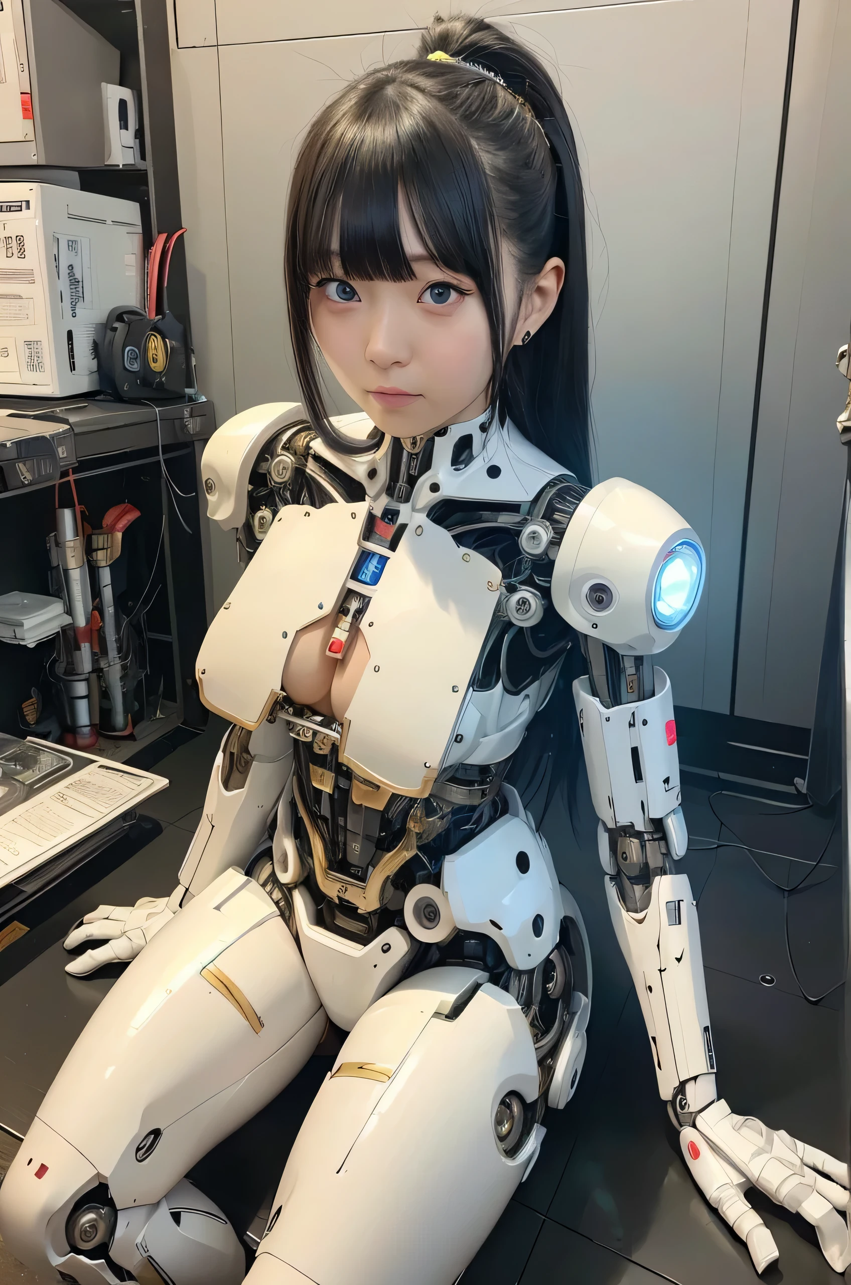 masterpiece, best quality, extremely detailed, Japaese Cyborg girl,Plump , control panels,android,Droid,Mechanical Hand, Robot arms and legs, Black Robot Parts,Black hair,Mechanical body,Blunt bangs,White robotics parts,perfect robot girl,long tube,thick cable connected her neck,ceramic body ,mechanical body, head antenna,short lod antenna on the head,mechanical ear cover, mechanical costume,android,robot,humanoid,cyborg,japanese android receptionist ,white socks,mechanical chest,blue eyes,She shipped in the box,