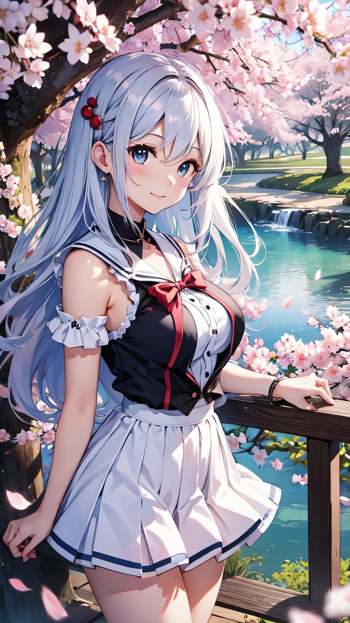 最high quality、best image quality、masterpiece、girl((18-year-old、 By becoming、vest bust、medium bust,wide open breast tea、shining eyes, silver hair、long hair、thin,highest valley、white see-through sailor suit、White short skirt、Wristband、smile、dance、song)),high quality、beautiful art、background((SakuraFubuki、Falling cherry blossoms、Cherry tree、beautiful park、square、Cherry Meadow、Wind))、Flight、debris flies、Depth of written boundary、movie、visual art、perfect art、8K,genuine、