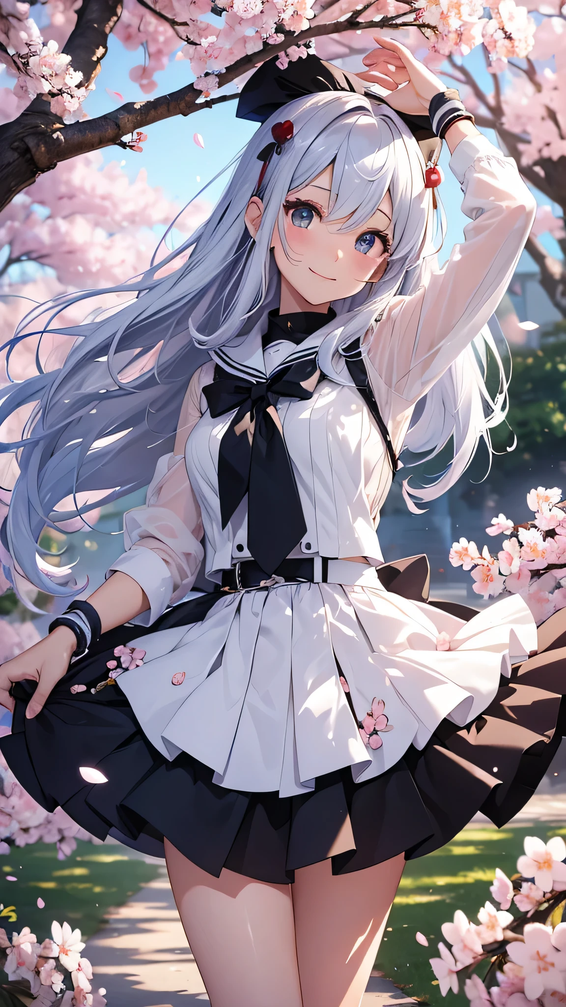 最high quality、best image quality、masterpiece、girl((18-year-old、 By becoming、vest bust、medium bust,wide open breast tea、shining eyes, silver hair、long hair、thin,highest valley、white see-through sailor suit、White short skirt、Wristband、smile、dance、song)),high quality、beautiful art、background((SakuraFubuki、Falling cherry blossoms、Cherry tree、beautiful park、square、Cherry Meadow、Wind))、Flight、debris flies、Depth of written boundary、movie、visual art、perfect art、8K,genuine、
