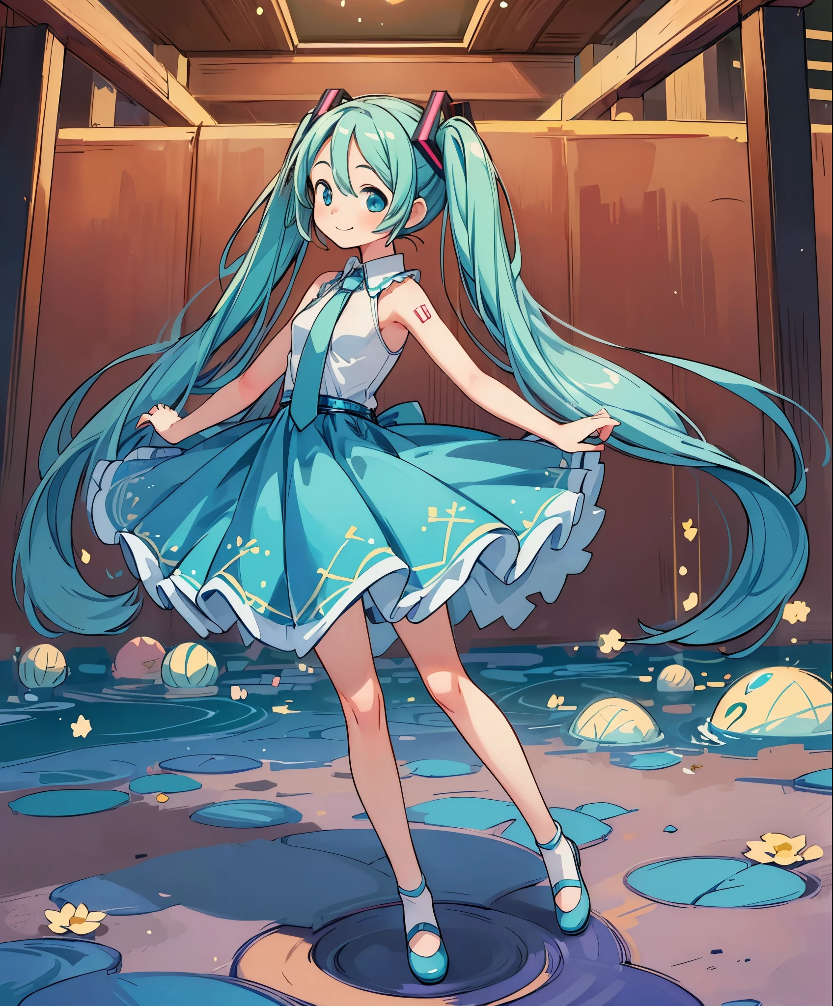 (masterpiece、highest quality、highest quality、official art、beautiful beautiful:1.2)、(1 girl:1.3)Hatsune Miku、twin tails,big breasts,(1 girl), (alone: 2.0), beautiful and charming anime girl, smile, beautiful blue eyes, beautiful proportions, Hatsune Miku, gentle expression, seductive anime girl, full body, arabic style dancer