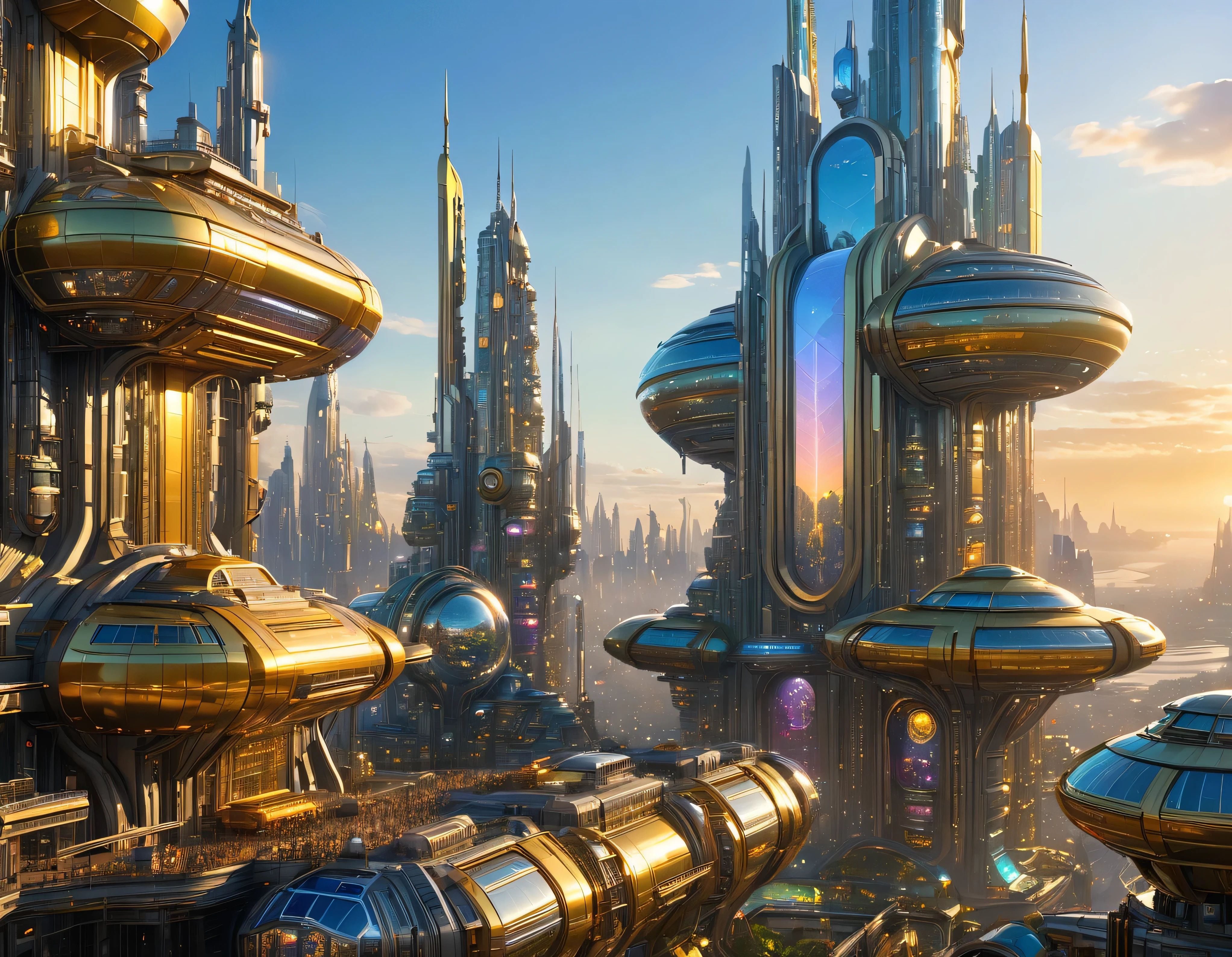 (golden hour lighting), megacity, megalopolis of an imaginary world of science fiction , parecido a una disneylandia futurista, and maximum fantasy, con inmensos edificios y rascacielos ovalados y dodecaedricos agrupados de metal y cristal donde predomina el diamante y los anuncios luminosos de colores. imagen bien definida 8k, (intrincados detalles de la maquina), con muchos edificios juntos.(obra maestra de superior calidad).(imagen fotorrealista), nitidez absoluta hasta el fondo