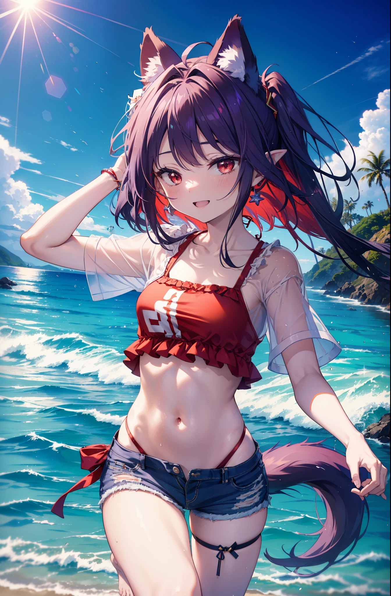 yuukikonno, Yuki Konno, hair band, long hair, pointed ears, purple hair, (red eyes:1.5),happy smile, smile, open your mouth, Are standing,
From above, (small breasts:1.2), ,dog ears,animal ears dog tail,Red Bikini Swimsuit,purple short sleeve hoodie front open,,short denim pants,barefoot,barefoot,beach, sandy beach,Palm tree,Midsummer,Light of the sun,noon,
break looking at viewer, Upper body, whole body, (cowboy shot:1. 5
break outdoors, beach,
break (masterpiece:1.2), highest quality, High resolution, unity 8k wallpaper, (shape:0.8), (beautiful deしっぽed eyes:1.6), extremely deしっぽed face, perfect lighting, extremely deしっぽed CG, (perfect hands, perfect anatomy),