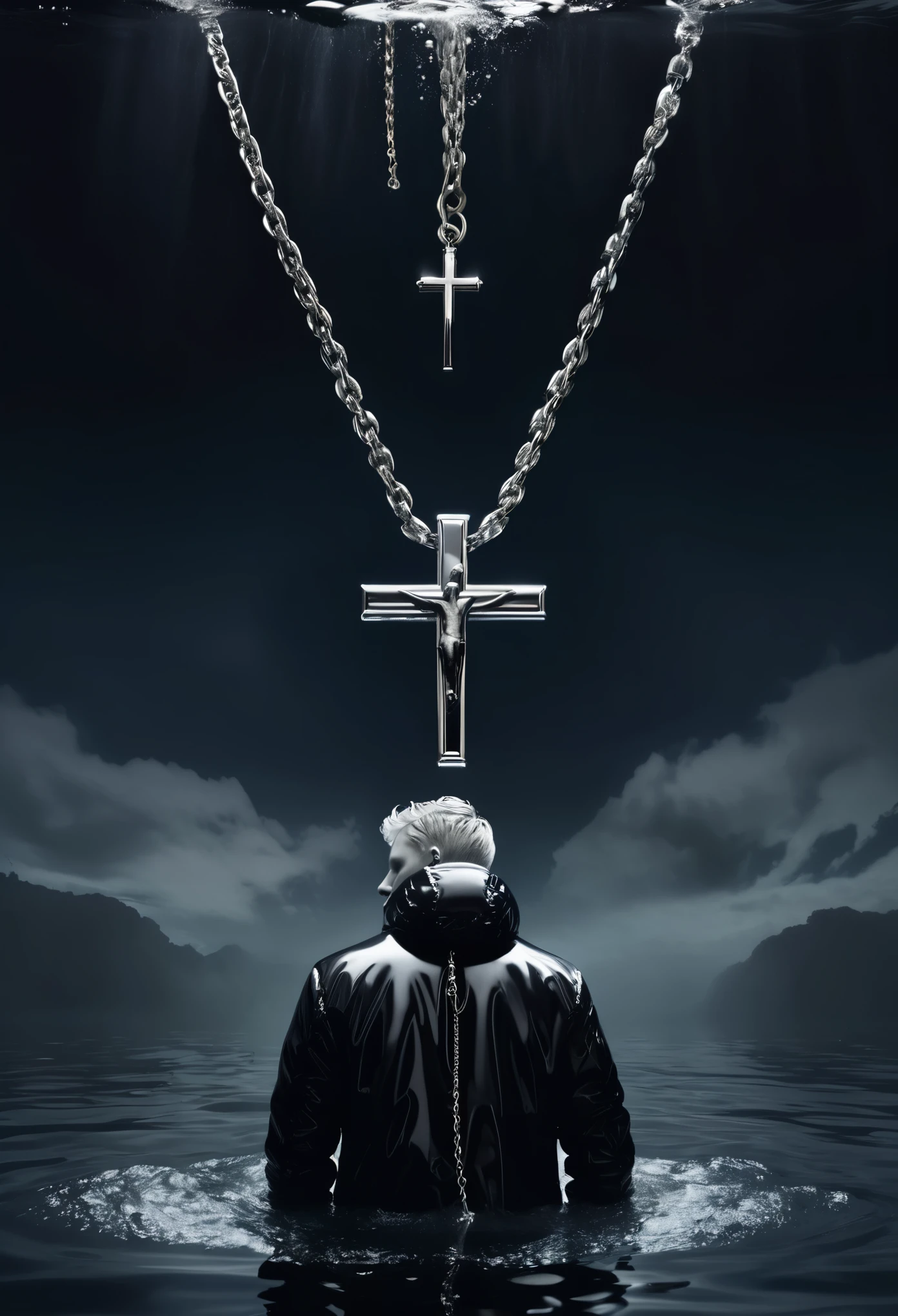 Create an album cover featuring a white male silhouette wearing a moncler jacket and a silver chain necklace with cross pendant, drowning in deep dark water, a surreal underwater world. It should evoke a sense of otherworldly sadness and mystery.