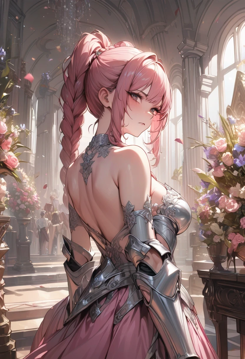 miss, Serious, warrior, armor, elegant, pink skirt, aristocratic, silver element, Long nails, bare shoulders, hairstyle, hair standing on end, Braids and ponytails, messy, arrogant, absurd, detail dress, royalties, celebration, Hall decorated with flowers, cowboy shooting, portrait, (best quality), (masterpiece), (Very detailed), (4K)