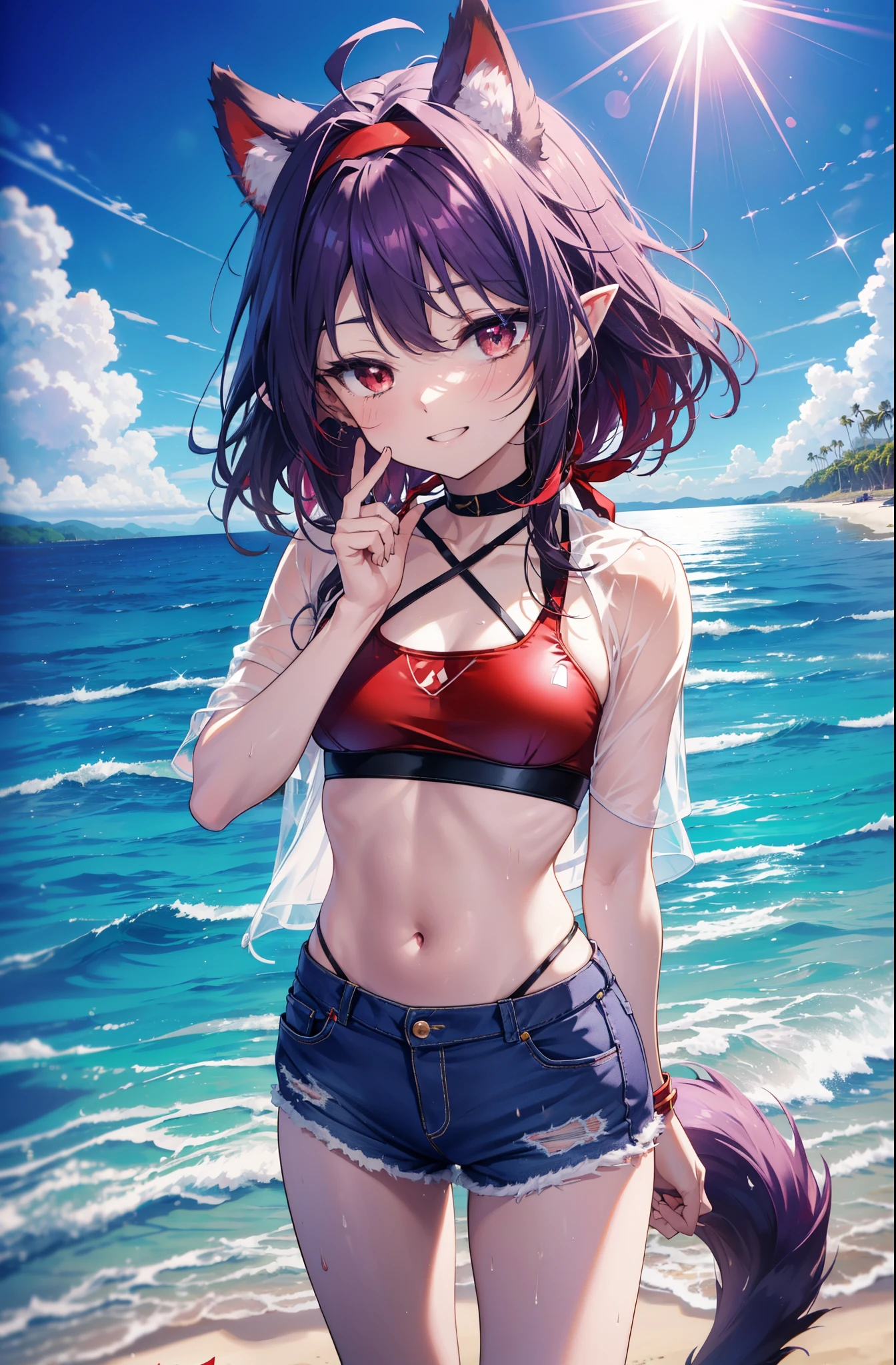 yuukikonno, Yuki Konno, hair band, long hair, pointed ears, purple hair, (red eyes:1.5),happy smile, smile, open your mouth, Are standing,
From above, (small breasts:1.2), ,dog ears,animal ears dog tail,Red Bikini Swimsuit,purple short sleeve hoodie front open,,short denim pants,barefoot,barefoot,beach, sandy beach,Palm tree,Midsummer,Light of the sun,noon,
break looking at viewer, Upper body, whole body, (cowboy shot:1. 5
break outdoors, beach,
break (masterpiece:1.2), highest quality, High resolution, unity 8k wallpaper, (shape:0.8), (beautiful deしっぽed eyes:1.6), extremely deしっぽed face, perfect lighting, extremely deしっぽed CG, (perfect hands, perfect anatomy),
