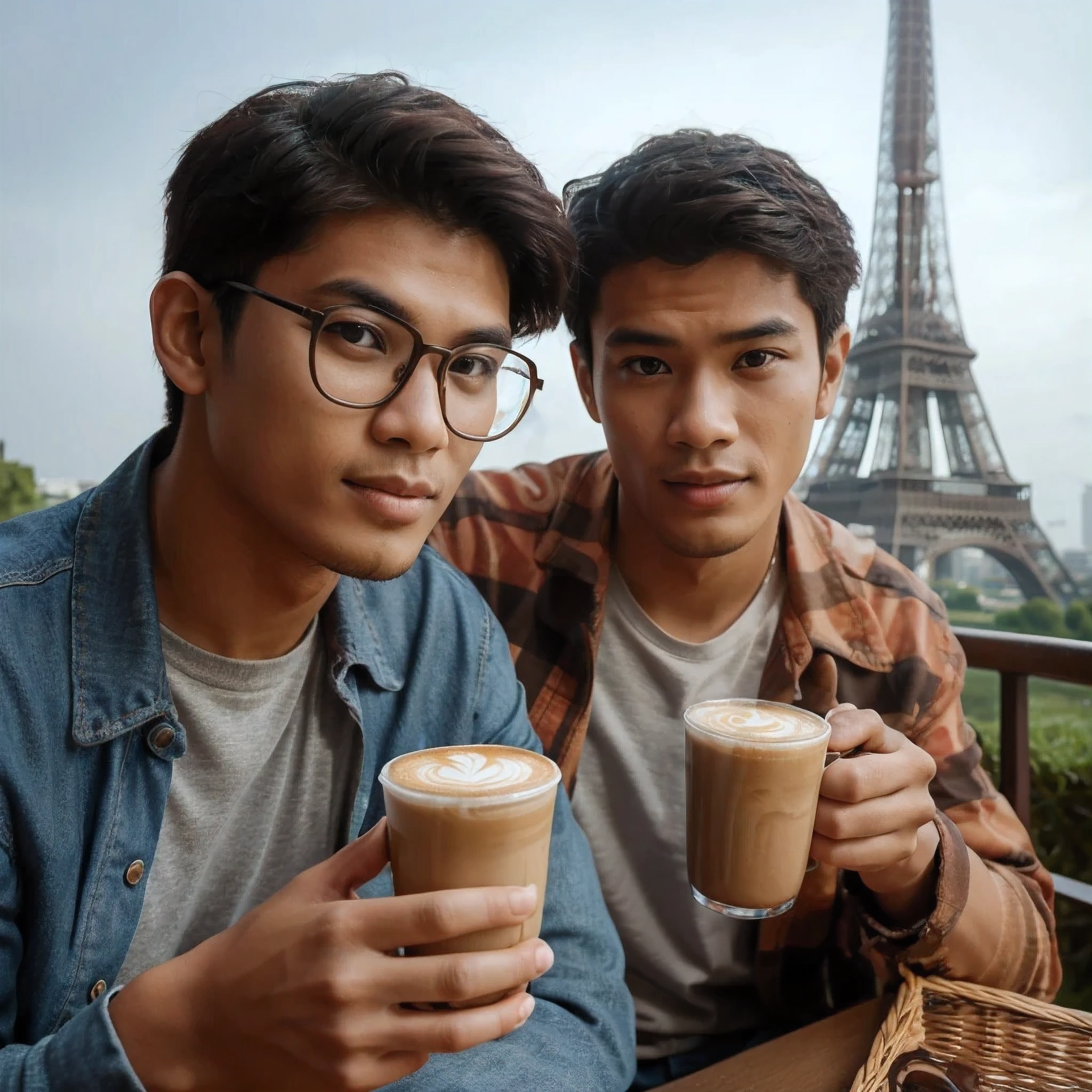 Ultra Realistic photo of a young Indonesian man sitting drinking delicious coffee next to a young man wearing glasses, Eiffel tower in the background, ultra HD, Leica lens, masterpiece, best quality, 20 K resolution 
