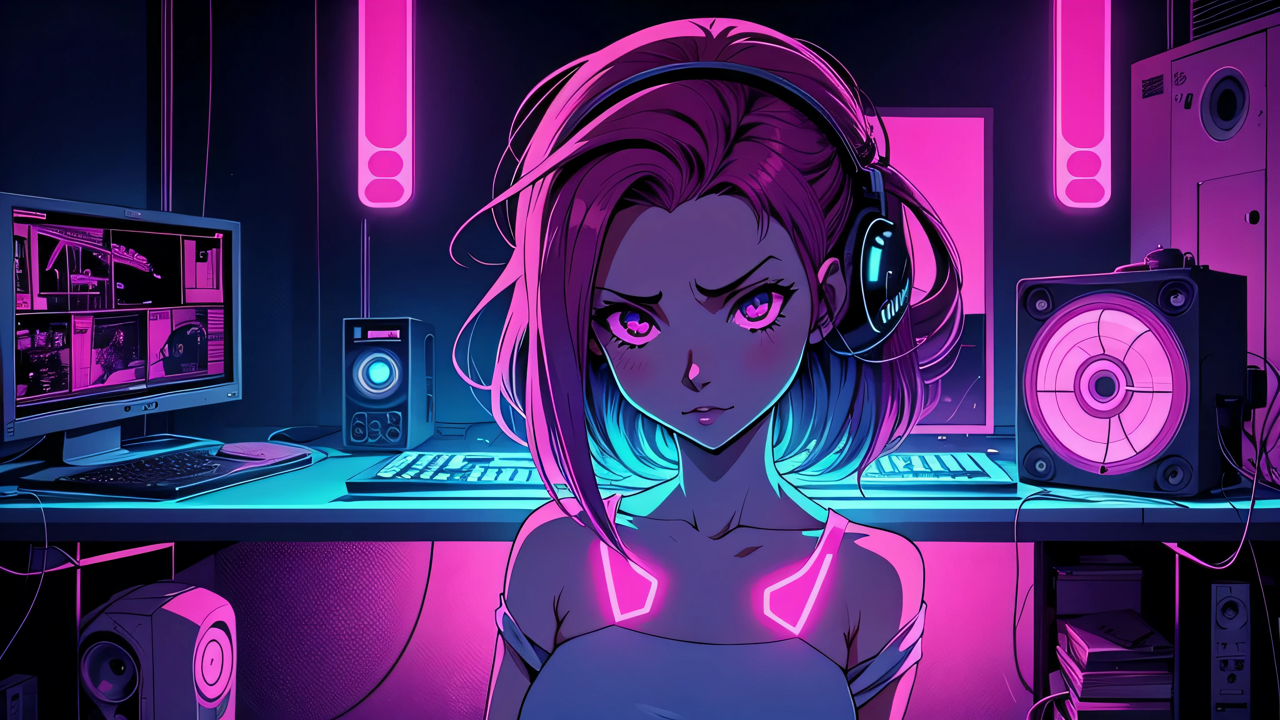 garota de anime, corpo inteiro, ao lado de uma cabine telefonica, telefone, Capa do álbum Anime Phonk Brain Sick, musica, ondas sonoras, com cores vermelho e preto neon