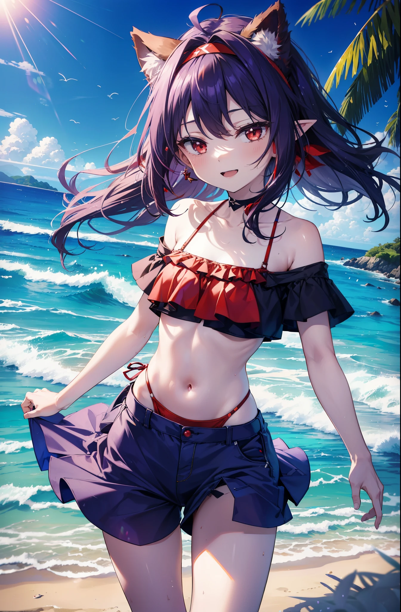 yuukikonno, Yuki Konno, hair band, long hair, pointed ears, purple hair, (red eyes:1.5),happy smile, smile, open your mouth, Are standing,
From above, (small breasts:1.2), ,dog ears,animal ears dog tail,Red Bikini Swimsuit,purple short sleeve hoodie front open,,short denim pants,barefoot,barefoot,beach, sandy beach,Palm tree,Midsummer,Light of the sun,noon,
break looking at viewer, Upper body, whole body, (cowboy shot:1. 5
break outdoors, beach,
break (masterpiece:1.2), highest quality, High resolution, unity 8k wallpaper, (shape:0.8), (beautiful deしっぽed eyes:1.6), extremely deしっぽed face, perfect lighting, extremely deしっぽed CG, (perfect hands, perfect anatomy),