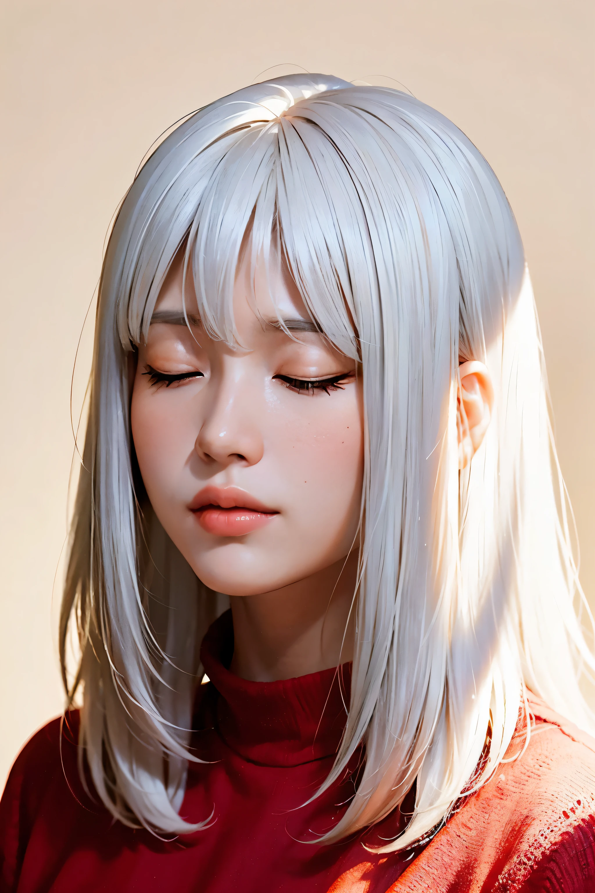 portrait photography, beautiful girl, medium white hair, closed eyes, detailed, strong shadows, double shadows dark red shirt close-up, slight gray color, , minimalist colorful lighting