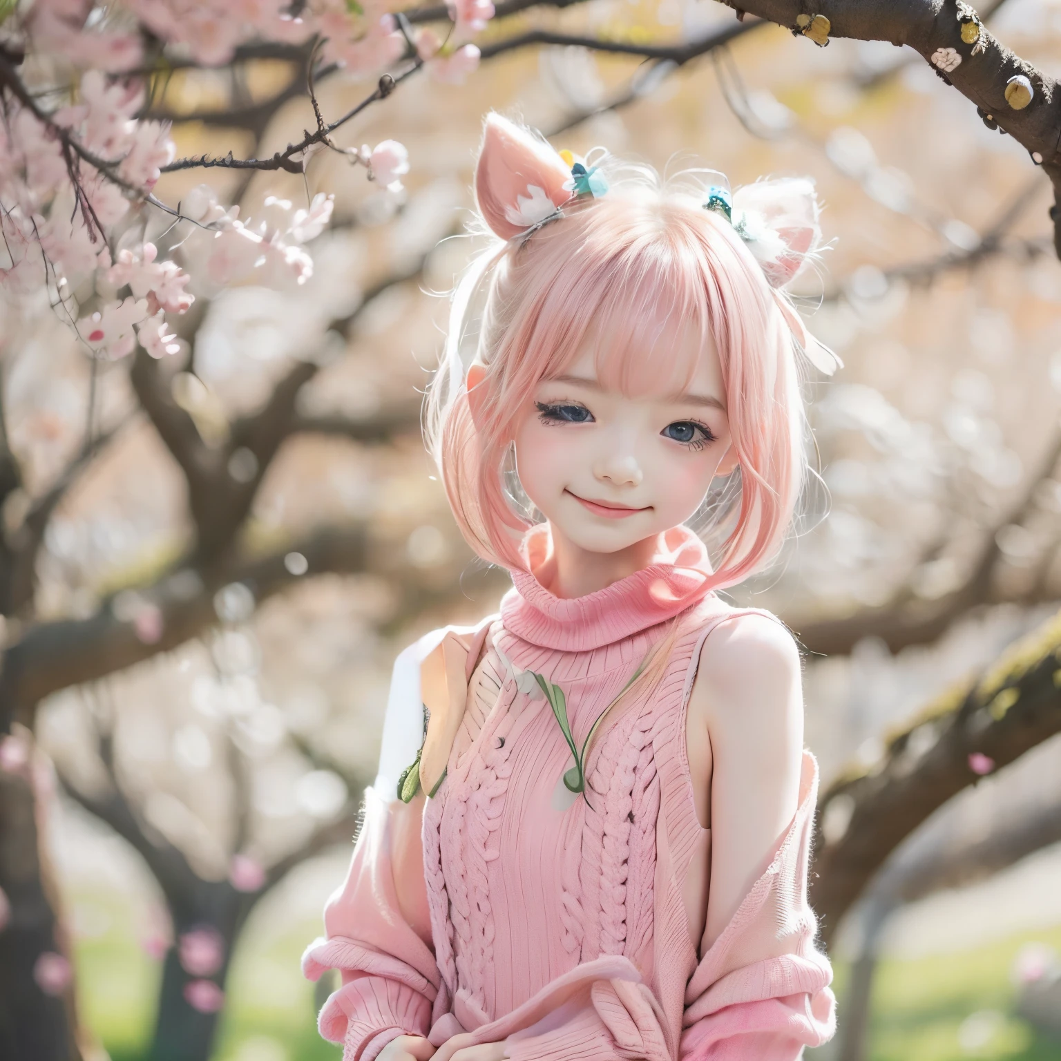 under a cherry blossom tree, a Japanese girl, , a little bit ste, (pale pink virgin killer sweater:1.5), sparkling pupils, black twin tails, bokeh effect, f/1.8, anatomically correct, textured skin, ultra-detailed, high-quality, ultra-realistic, high-resolution