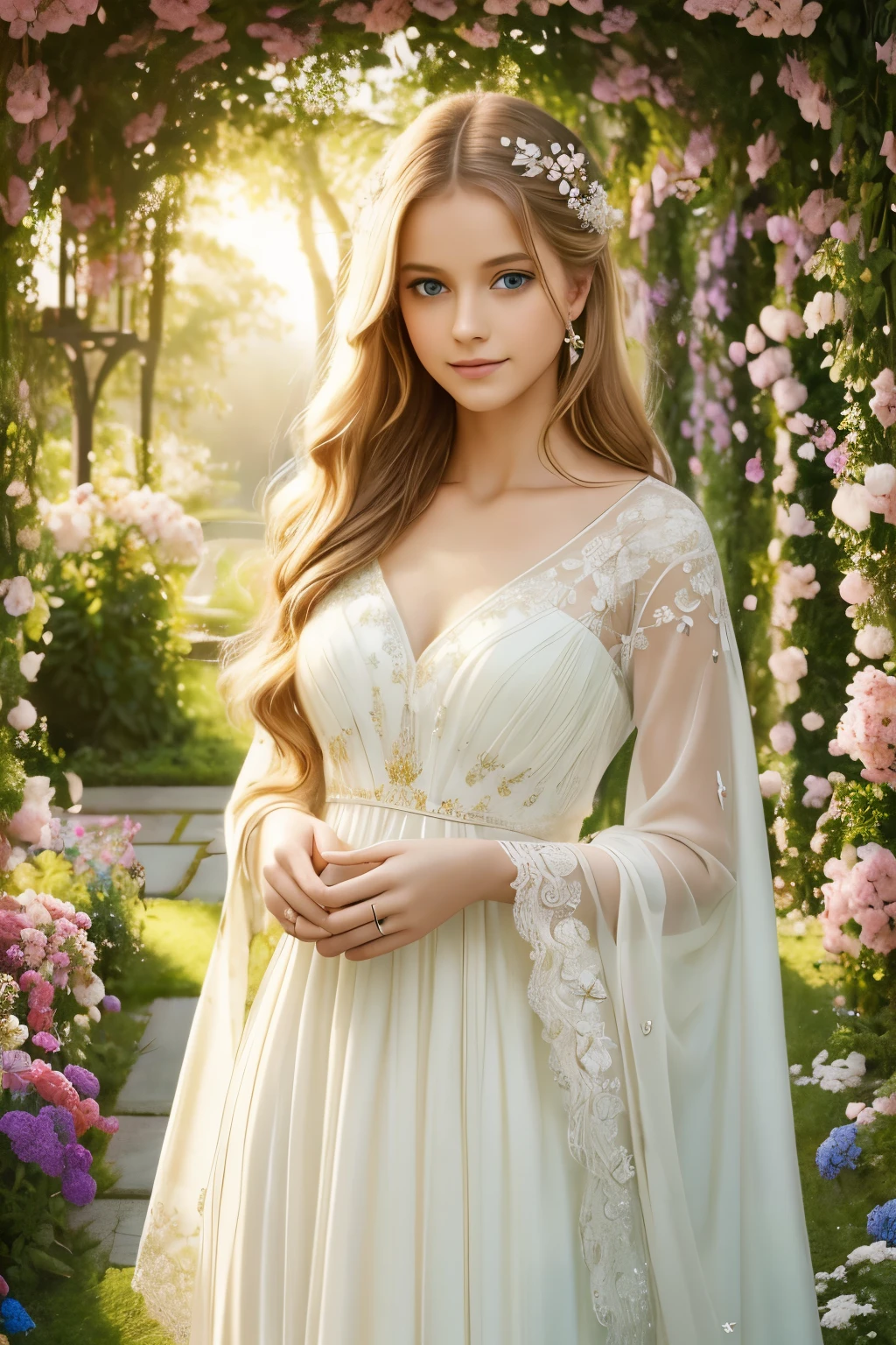 A girl with flowing golden hair and mesmerizing blue eyes, wearing an elegant white dress, standing in the midst of a vibrant garden filled with blooming flowers and lush greenery. The sunlight gently illuminates her delicate features, casting a soft glow on her flawless skin. She holds a delicate butterfly in her hand, while a gentle breeze swirls around her, causing the flowers to dance in harmony. The scene is captured in a breathtaking oil painting, with every detail meticulously crafted to create a masterpiece. The colors are vibrant and vivid, with a hint of ethereal pastel tones, giving the artwork a dreamlike quality. The lighting is soft and diffused, creating a serene and tranquil ambiance. The high-resolution image showcases the artist's impeccable skill, capturing every intricate detail with precision. The overall atmosphere exudes a sense of beauty, grace, and enchantment. The artwork is reminiscent of classical portraits, with a touch of fantasy and whimsy, evoking emotions of wonder and awe.