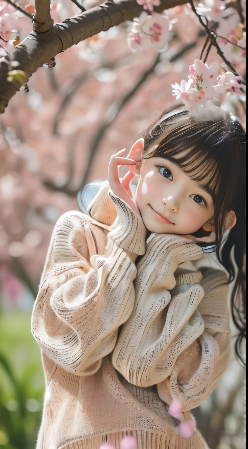 standing under the cherry tree, japanese girl, 15 years old, a bit, cute, (Pale pink oversized knit sweater:1.3), Sparkling pupils, black hair twintails, Depth of the bounds written, f/1.8, anatomically correct, rough skin, Super detailed, advanced details, high quality, Super detailed, advanced details, high quality, 最high quality, High resolution