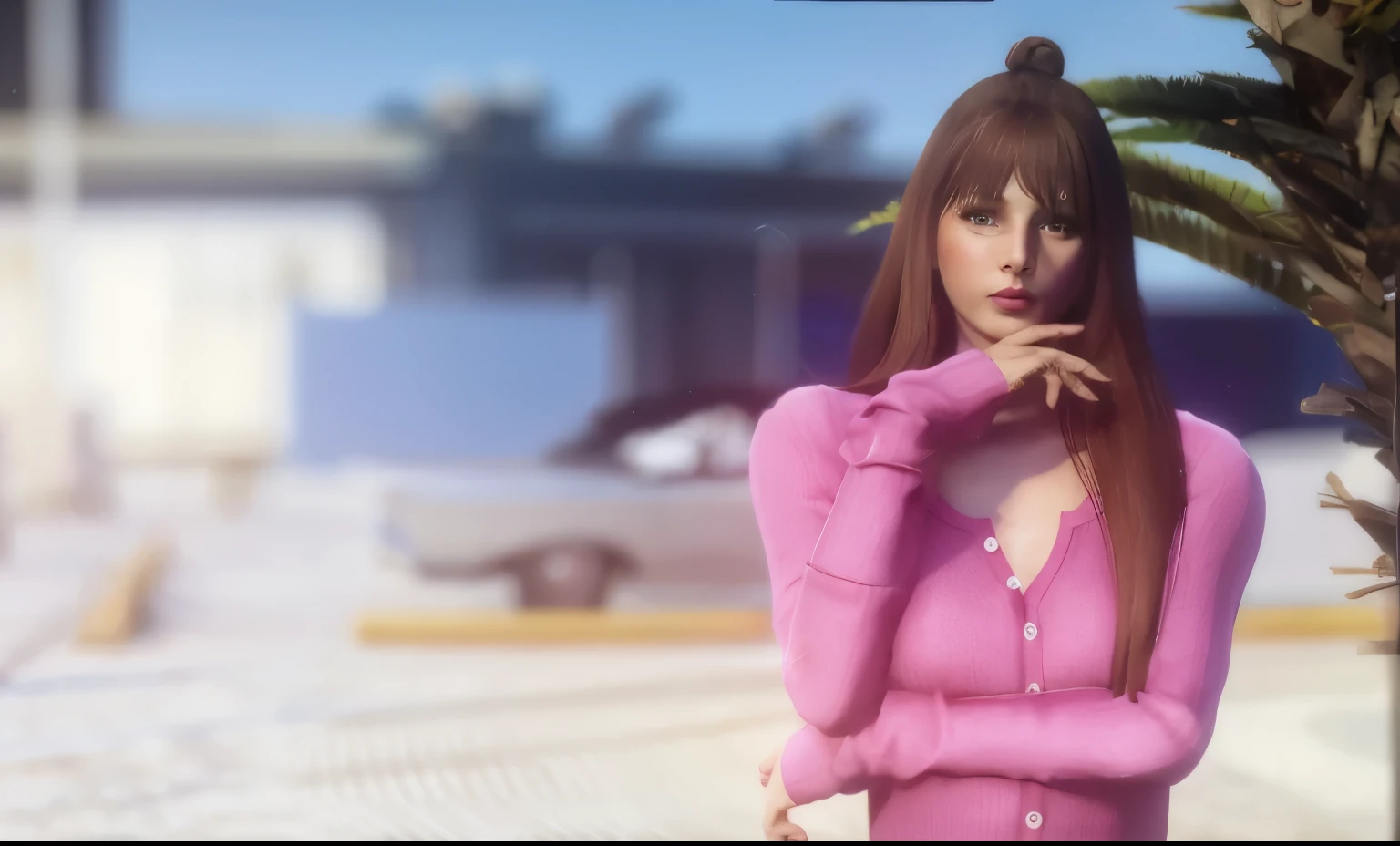 Beautiful skin girl, dark brown hair, standing in pink sweater, beautiful pink nails