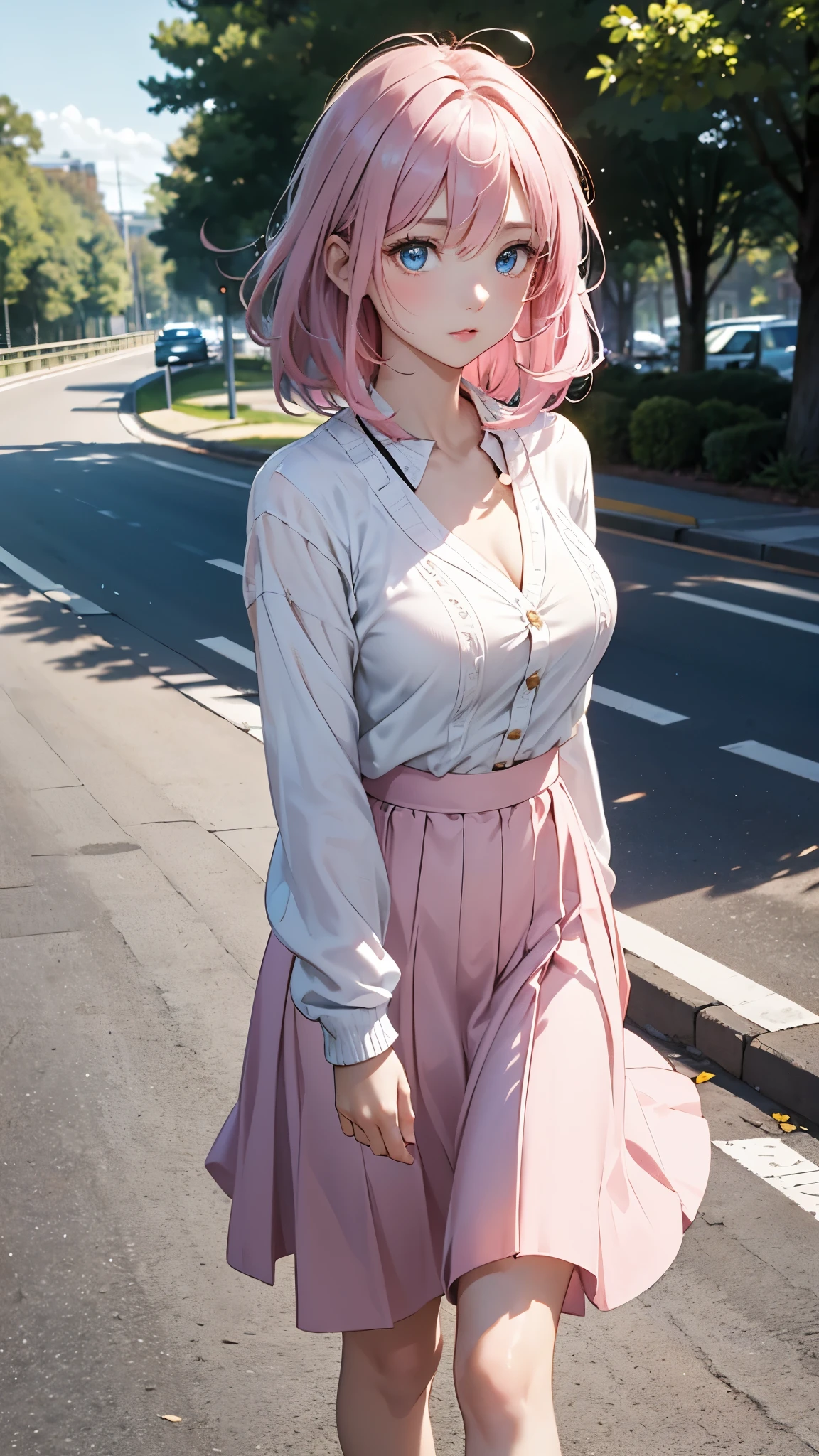 1 female、26 years old、pink hair、hair blowing in the wind、(very cute woman)、(Refreshing look)、stare into the distance、road along the river、white blouse、light yellow cardigan、Pale pink long skirt blue eyes、sparkling eyes、big bust、((from knees to head))、walk slowly、(transparent)、(pure)、