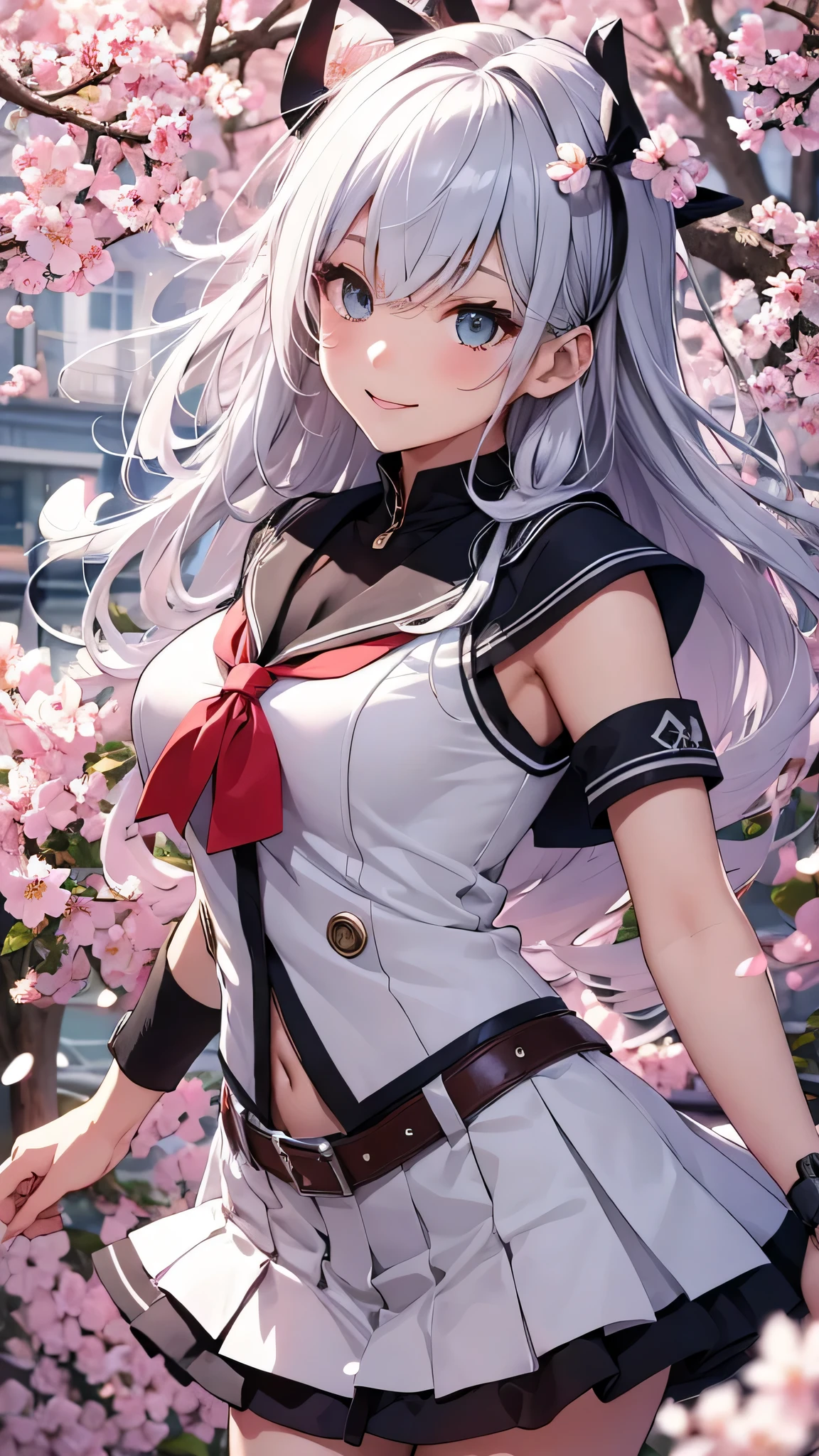 最high quality、best image quality、masterpiece、girl((18-year-old、 By becoming、vest bust、medium bust,wide open breast tea、shining eyes, silver hair、long hair、thin,highest valley、white see-through sailor suit、White short skirt、Wristband、smile、dance、song)),high quality、beautiful art、background((SakuraFubuki、Falling cherry blossoms、Cherry tree、beautiful park、square、Cherry Meadow、Wind))、Flight、debris flies、Depth of written boundary、movie、visual art、perfect art、8K,genuine、