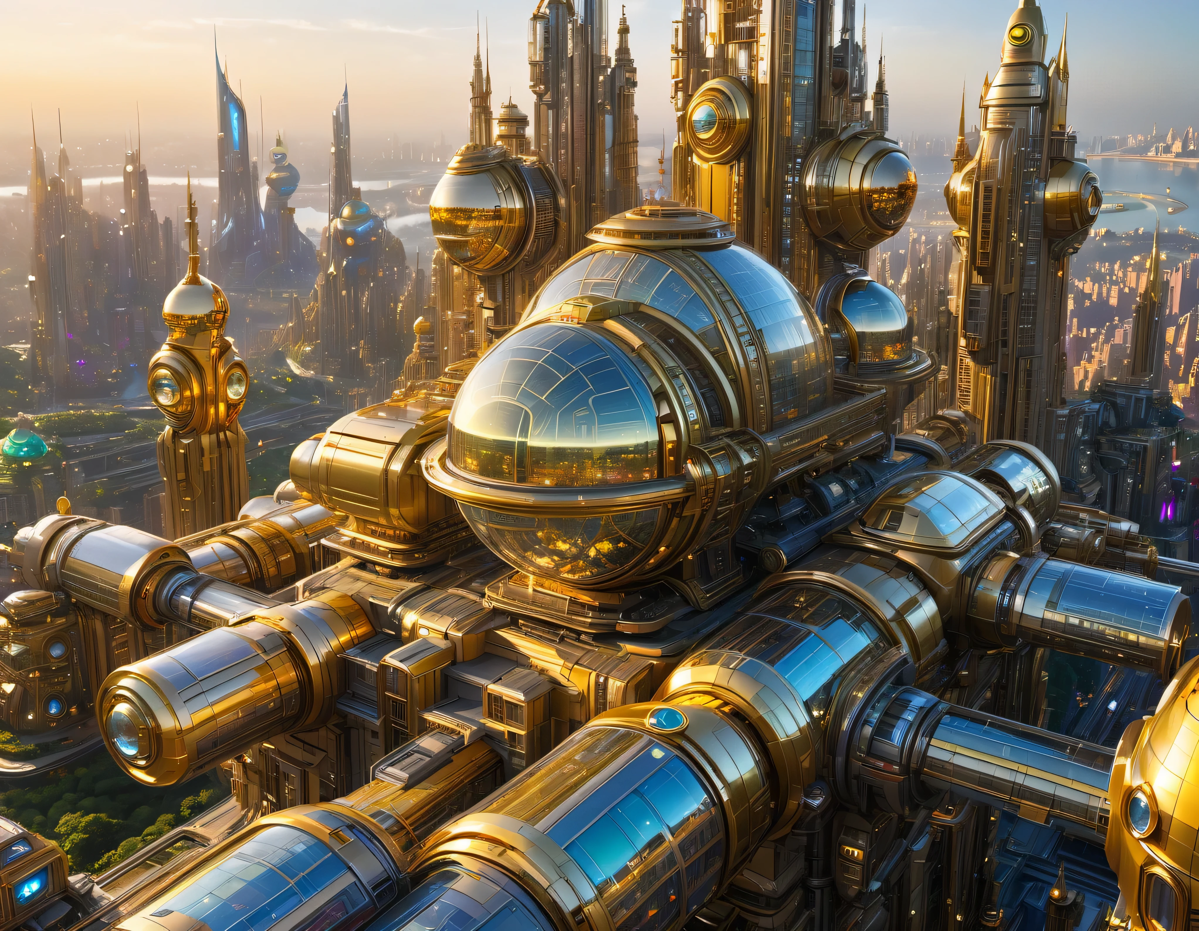 (golden hour lighting), megacity, megalopolis of an imaginary world of science fiction , parecido a una disneylandia futurista, and maximum fantasy, con inmensos edificios y rascacielos ovalados y dodecaedricos agrupados de metal y cristal donde predomina el oro refulgente y los anuncios luminosos de colores. imagen bien definida 8k, (intrincados detalles de la maquina), con muchos edificios juntos.(obra maestra de superior calidad).(imagen fotorrealista), nitidez absoluta hasta el fondo