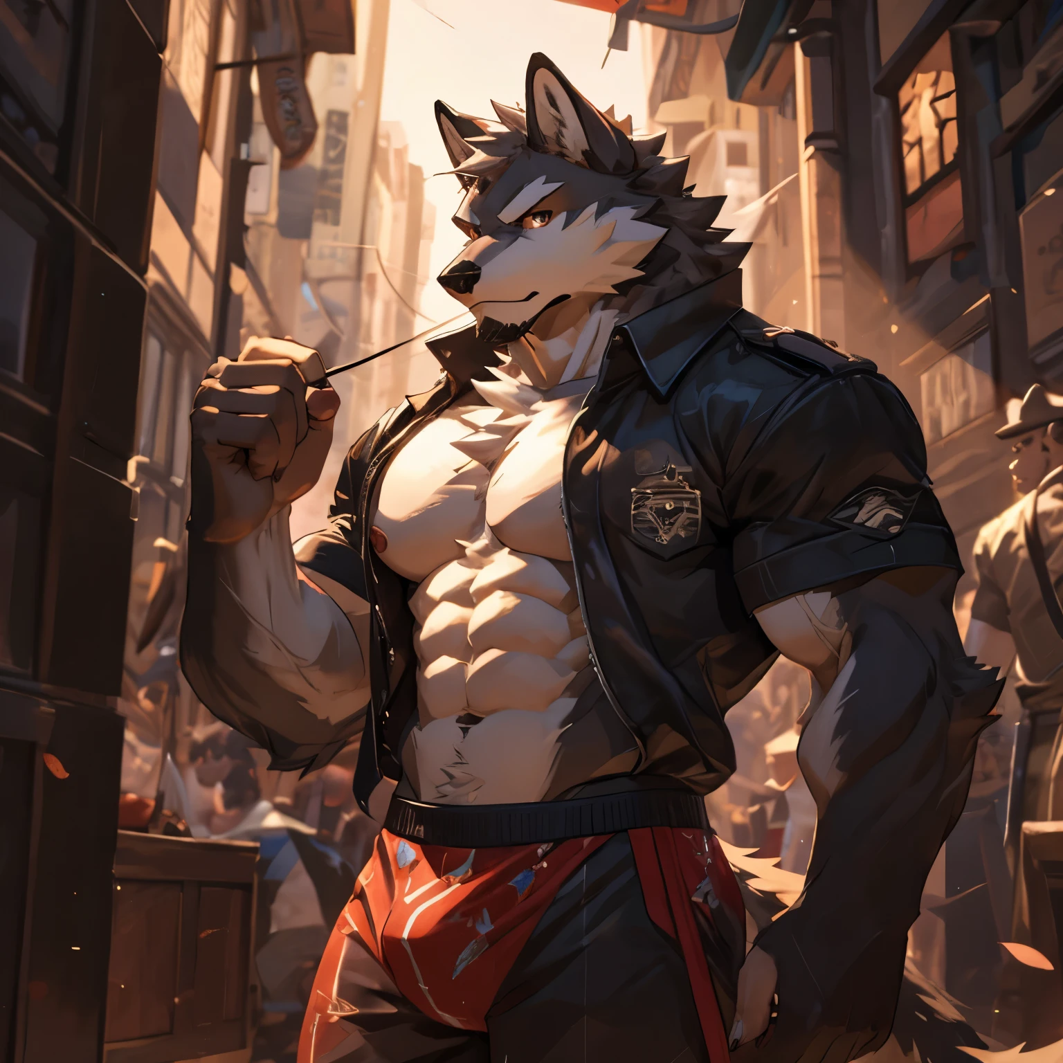 Masterpiece, Solo, Furry Gray wolf, Adult, Gray Fur, brown Eyes, Gray Short Hair, Very Muscular Body, Hard Muscle, Veins in the muscle, Good Looking, Handsome, Fierce, shirtless, Hot Pose,underwear boxer,detailed eyes 