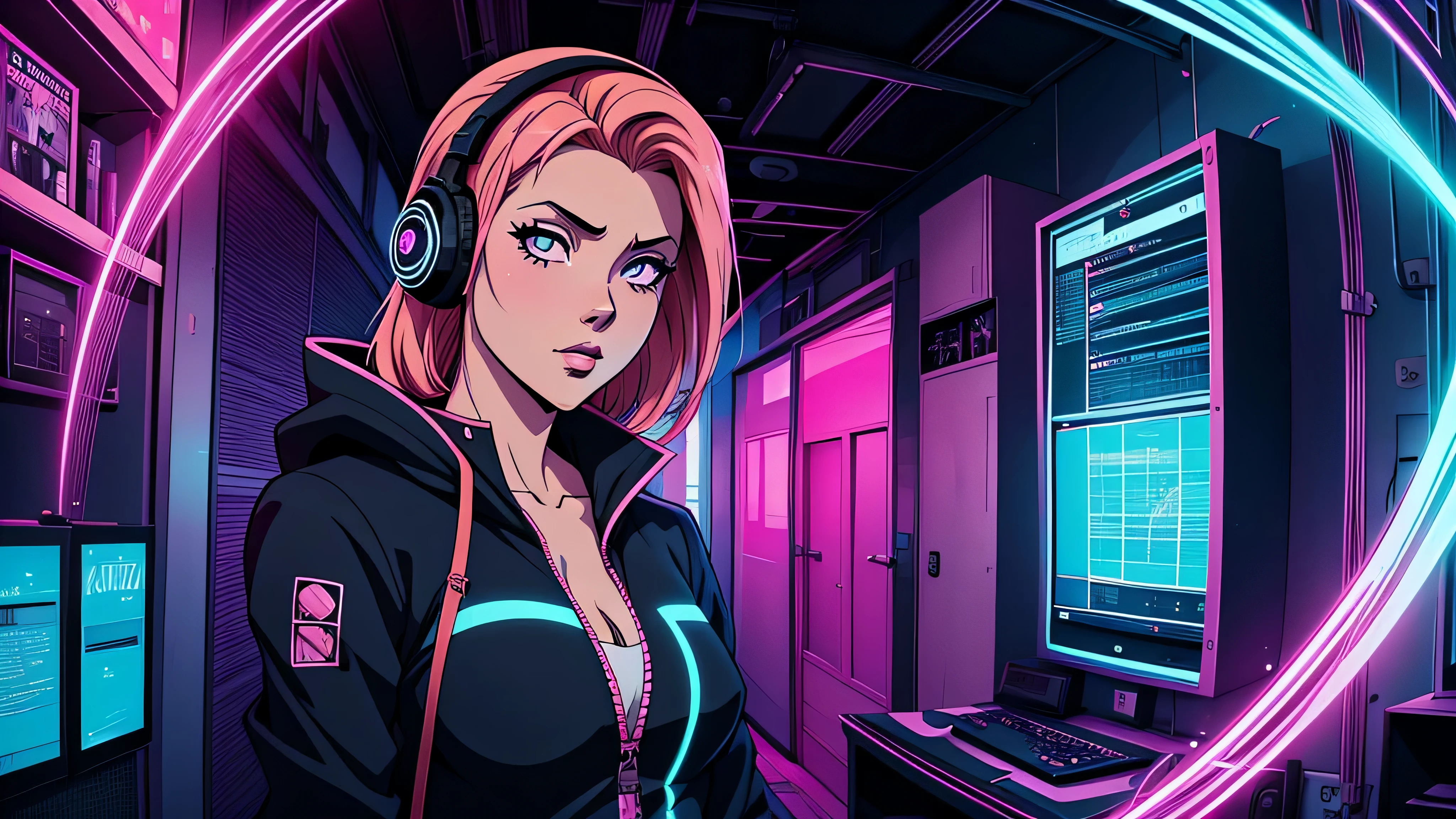 garota de anime, corpo inteiro, ao lado de uma cabine telefonica, telefone, na rua, sexy, Capa do álbum Anime Phonk Brain Sick, musica, ondas sonoras, com cores vermelho e preto neon
