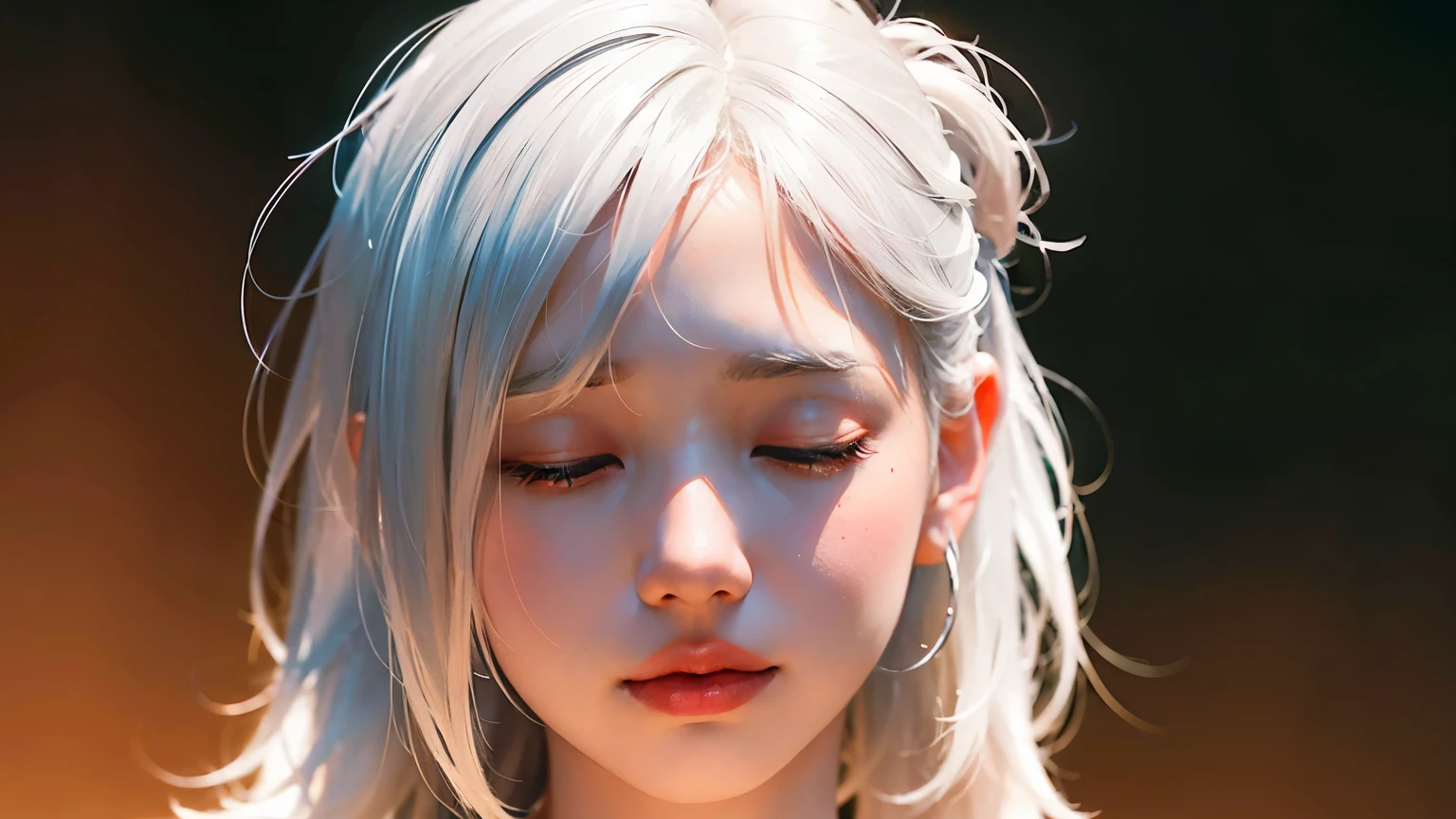 portrait photography, beautiful girl, medium white hair, closed eyes, detailed, strong shadows, double shadows dark red shirt close-up, slight gray color, , minimalist colorful lighting