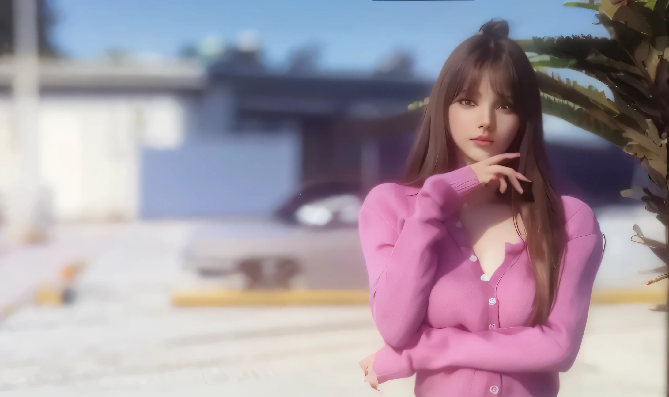18 year old, Beautiful skin girl, dark brown hair, large breast , thin waist,standing in pink sweater, beautiful pink nails, Beautiful big eyes