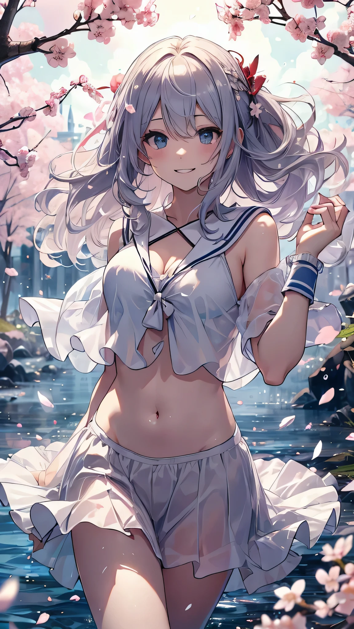 最high quality、best image quality、masterpiece、girl((18-year-old、 By becoming、vest bust、medium bust,wide open breast tea、shining eyes, silver hair、long hair、thin,highest valley、white see-through sailor suit、White short skirt、Wristband、smile、dance、song)),high quality、beautiful art、background((SakuraFubuki、Falling cherry blossoms、Cherry tree、beautiful park、square、Cherry Meadow、Wind))、Flight、debris flies、Depth of written boundary、movie、visual art、perfect art、8K,genuine、