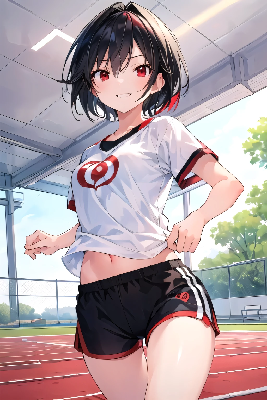 (masterpiece:1.2),highest quality,perfect anatomy,very detailed,
break
cute girl,shiny skin,light smile,alone,short hair,
nice big eyes,cute eyes,(red eyes:1.4),(black hair:1.4),
break
sport shirt,sports shorts,
break
school,running track,
break
looking at viewer,character focus,evil smile,running,
break