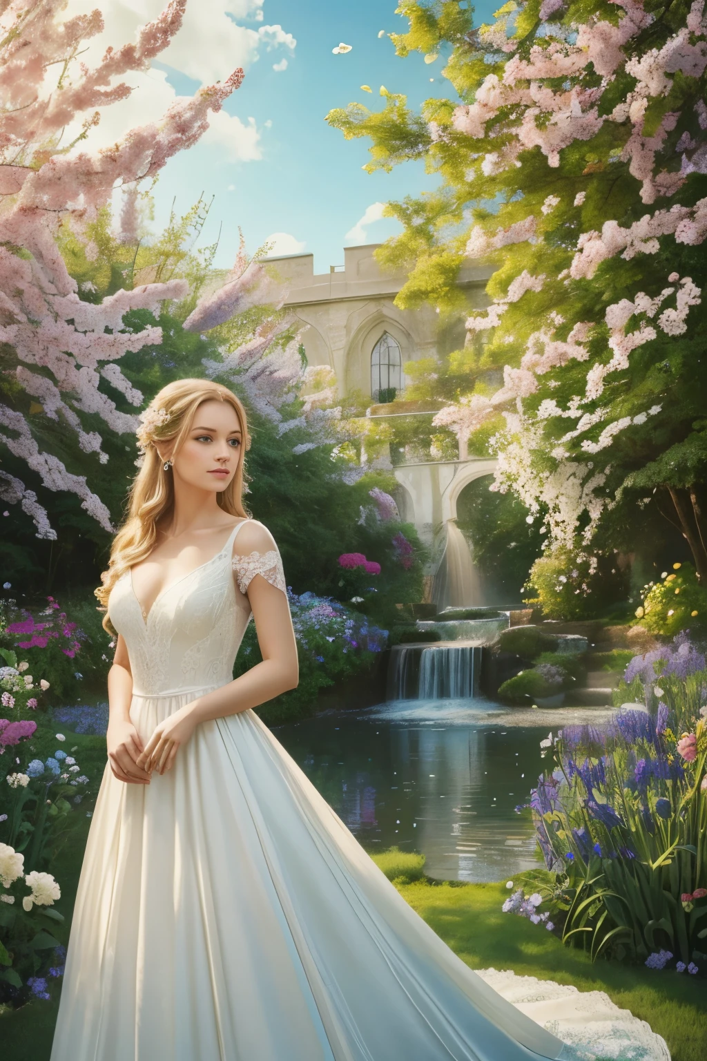 A girl with flowing golden hair and mesmerizing blue eyes, wearing an elegant white dress, standing in the midst of a vibrant garden filled with blooming flowers and lush greenery. The sunlight gently illuminates her delicate features, casting a soft glow on her flawless skin. She holds a delicate butterfly in her hand, while a gentle breeze swirls around her, causing the flowers to dance in harmony. The scene is captured in a breathtaking oil painting, with every detail meticulously crafted to create a masterpiece. The colors are vibrant and vivid, with a hint of ethereal pastel tones, giving the artwork a dreamlike quality. The lighting is soft and diffused, creating a serene and tranquil ambiance. The high-resolution image showcases the artist's impeccable skill, capturing every intricate detail with precision. The overall atmosphere exudes a sense of beauty, grace, and enchantment. The artwork is reminiscent of classical portraits, with a touch of fantasy and whimsy, evoking emotions of wonder and awe.