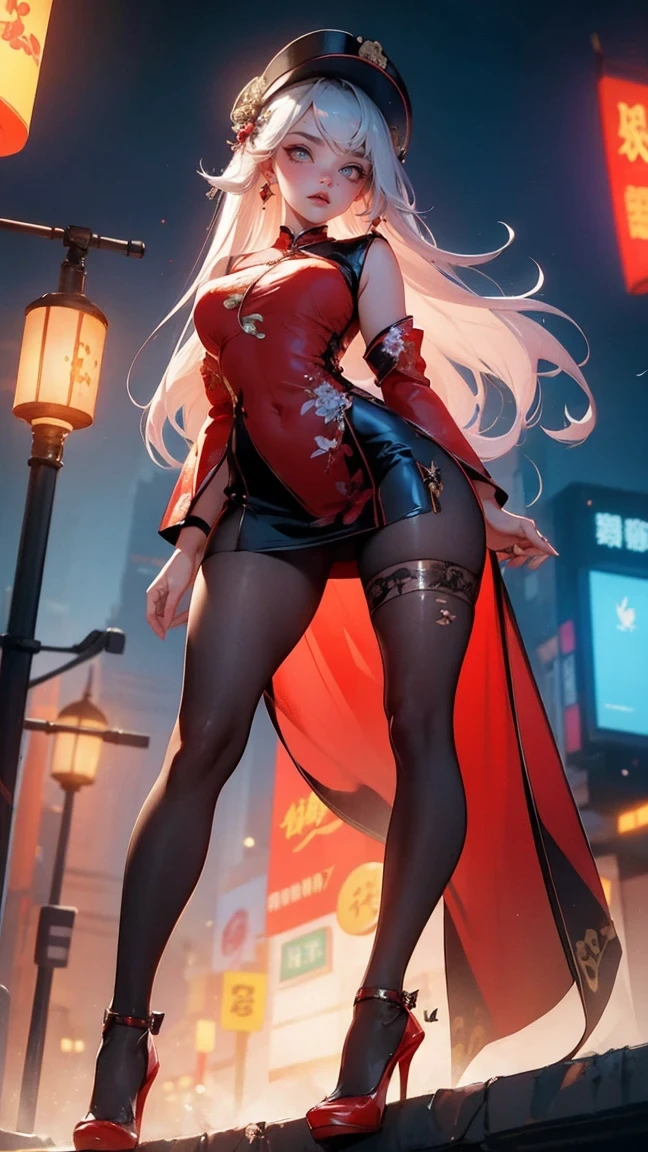 masterpiece,best quality,high resolution, 1 plump girl,from below,(The legs are very thin and straight),,(legs are very long,straight legs),,High heel,long legs,stood up, Leg length when viewed from the front, Perfect body,Have perfect legs,(lure),Full body female love,cyberpunk characters,dynamic poses,1 plump girl,exquisite eyes,brown eyes,eye shadow,make up,long gray hair, Detailed faces, delicate eyes, looking at the audience, blush blush\(make up\), full lips, red lips,(long gray hair:1.3), (stood up)mechanical static,Mechanical Summons,(hair accessories:1.1),hat,((((red cheongsam)))),(black stockings,pantyhose garters),City,Luminous winding,glowing butterfly,cyberpunk lamp:1.1),neon lights,Fully mechanical and futuristic elements,technology,The background is a traditional Chinese street,China Town, street, sky sky, cyberpunk characters, paper lantern, neon lights超分辨率,(Realism:1.3),1(Slim:1.2),dramatic lighting,Vibrant details,Luxury Cyberpunk,complex background,Presented by Octane,