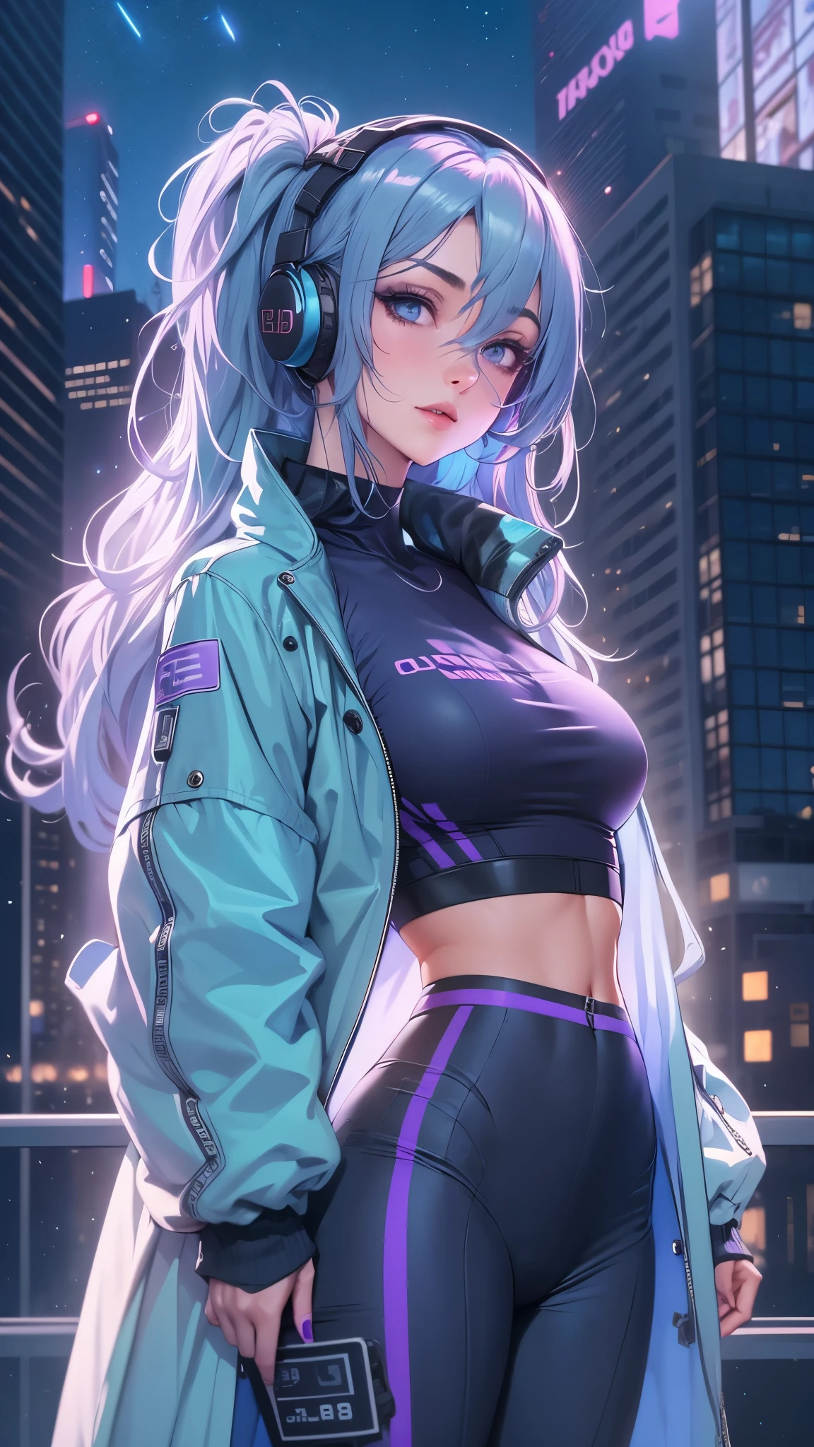 1 girl, Silver light blue hair, Gradient purple hair ends, super long hair, Technical clothing masterpiece, actual, Dark purple jacket, portrait, Illusion deep purple eyes, delicate eyes, wearing headphones, 28 year old girl, fashion pose, Half body, wide angle shot, on the street, cyberpunk, Focus on face, Very detailed facial, High like real eyes, one person, Big breasts and hot body, Random pose, Random expressions, Standing on the rooftop and looking at the starry night sky, meteor, wavy hair, absurdly long hair, single sidelock, hair over one eye, hair strand, high ponytail, aqua eyes, halo, makeup, realism, chiaroscuro, glowing light, sparkle, ray tracing, cinematic lighting, Futurism, best quality, UHD, super detail, masterpiece, highres, ccurate