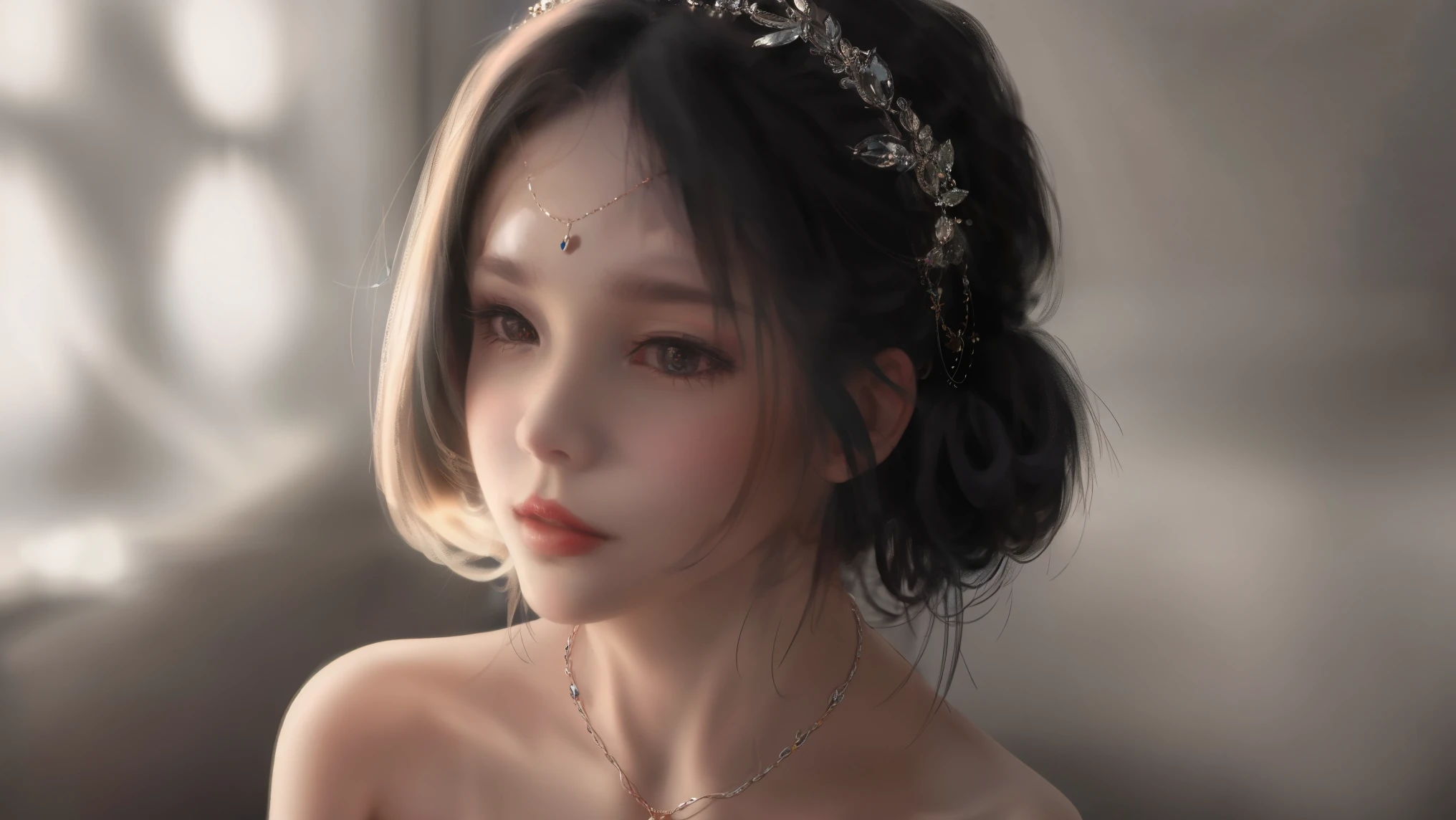 Best quality, masterpiece, high resolution, 1girl, porcelain dress, hair accessories, necklace, jewelry, beautiful face, on the body, Tyndall effect, realistic, dark studio, edge lighting, two-tone lighting, (high detail skin: 1.2), 8k UHD, dslr, soft light, high quality, volumetric light, candid, photo, high resolution, 4k, 8k, background blur,