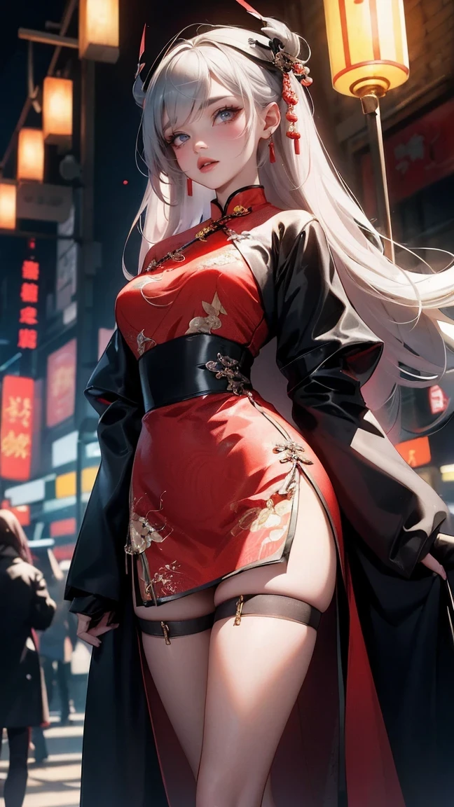 masterpiece,best quality,high resolution, 1 plump girl,from below,(The legs are very thin and straight),,(legs are very long,straight legs),,High heel,long legs,stood up, Leg length when viewed from the front, Perfect body,Have perfect legs,(lure),Full body female love,cyberpunk characters,dynamic poses,1 plump girl,exquisite eyes,brown eyes,eye shadow,make up,long gray hair, Detailed faces, delicate eyes, looking at the audience, blush blush\(make up\), full lips, red lips,(long gray hair:1.3), (stood up)mechanical static,Mechanical Summons,(hair accessories:1.1),hat,((((red cheongsam)))),(black stockings,pantyhose garters),City,Luminous winding,glowing butterfly,cyberpunk lamp:1.1),neon lights,Fully mechanical and futuristic elements,technology,The background is a traditional Chinese street,China Town, street, sky sky, cyberpunk characters, paper lantern, neon lights超分辨率,(Realism:1.3),1(Slim:1.2),dramatic lighting,Vibrant details,Luxury Cyberpunk,complex background,Presented by Octane,