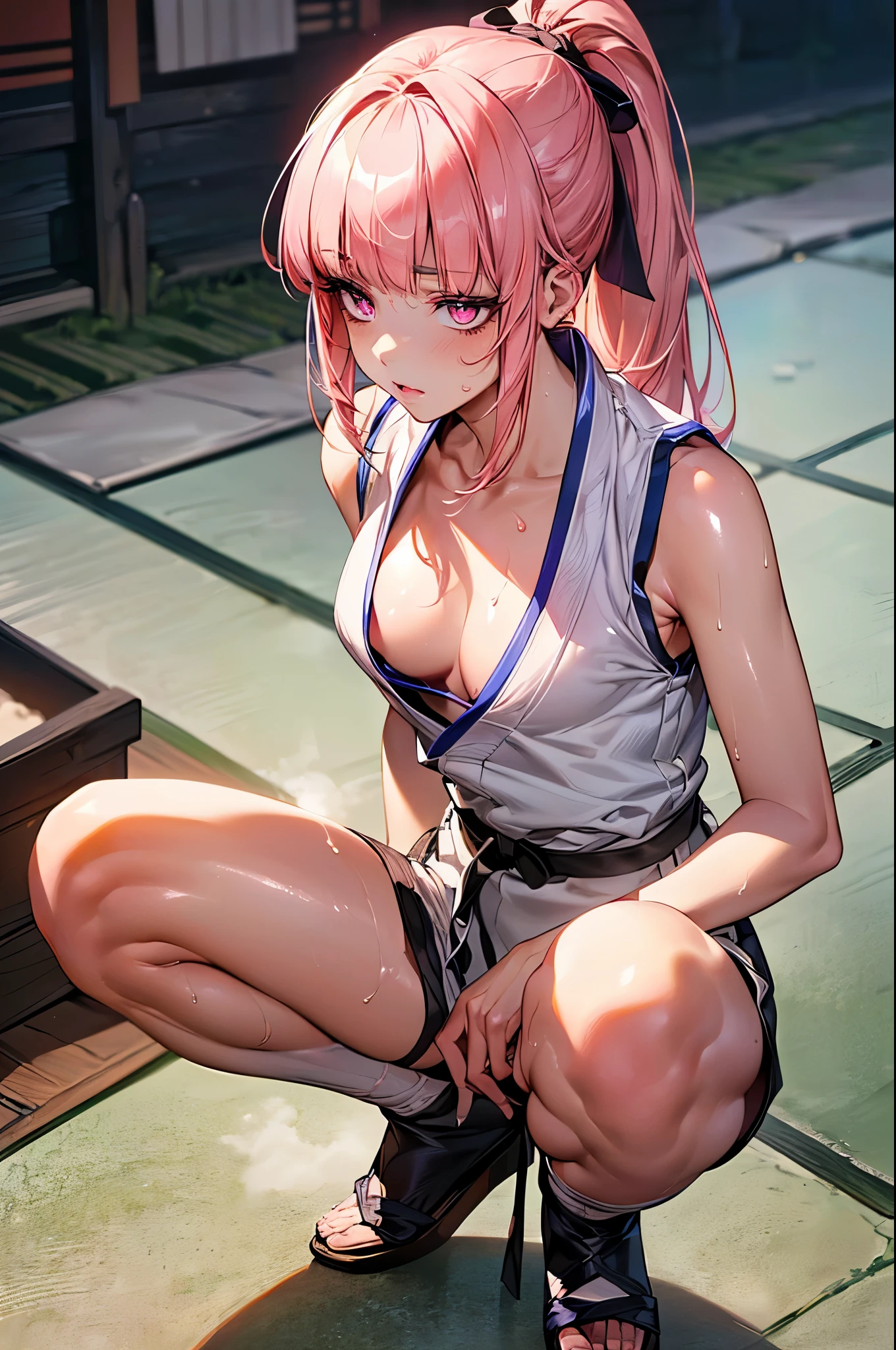 nsfw,((perfect anatomy,realistic,:1.4,RAW Photography:1.3,masterpiece、highest quality、Ultra - High resolution、High resolution、Highly detailed CG、8K)),1 female,solo,((20 year old beauty,beautiful detailed face and eyes,gorgeous eyes,pink eyes)),((pink hair,ponytail,long hair,blunt bangs,straight hair)),((medium breasts,slender body,small head:1.4,skinny)),(oily skin,gleaming skin,shiny skin,sweat:1.4),((Karate's white uniform, cleavage,sleeveless、white micro shorts)),squat、steam:1.5,heavy breathing:1.5,Japanese-style garden、Japanese-style house、Tokyo、moonlight、
