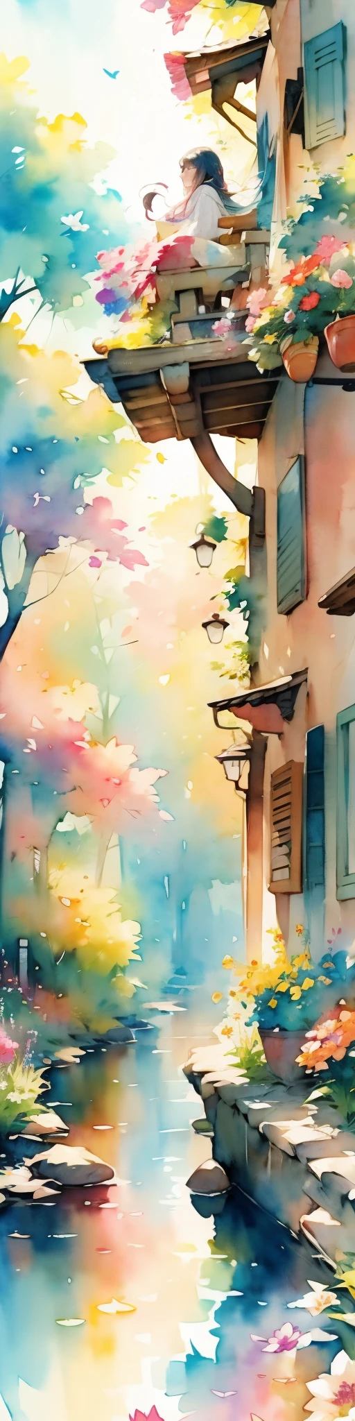 watercolor art、 (watercolor painting、In this fantastic landscape、colorful flowers)、dreams and reality intertwine、The air is filled with the intoxicating scent of flowers、A symphony of exquisite scents、Flowers seem to free the soul.、The fragrant wind caressing your skin and its essence blend together.、A pretty fairy stands there、flower fairy、