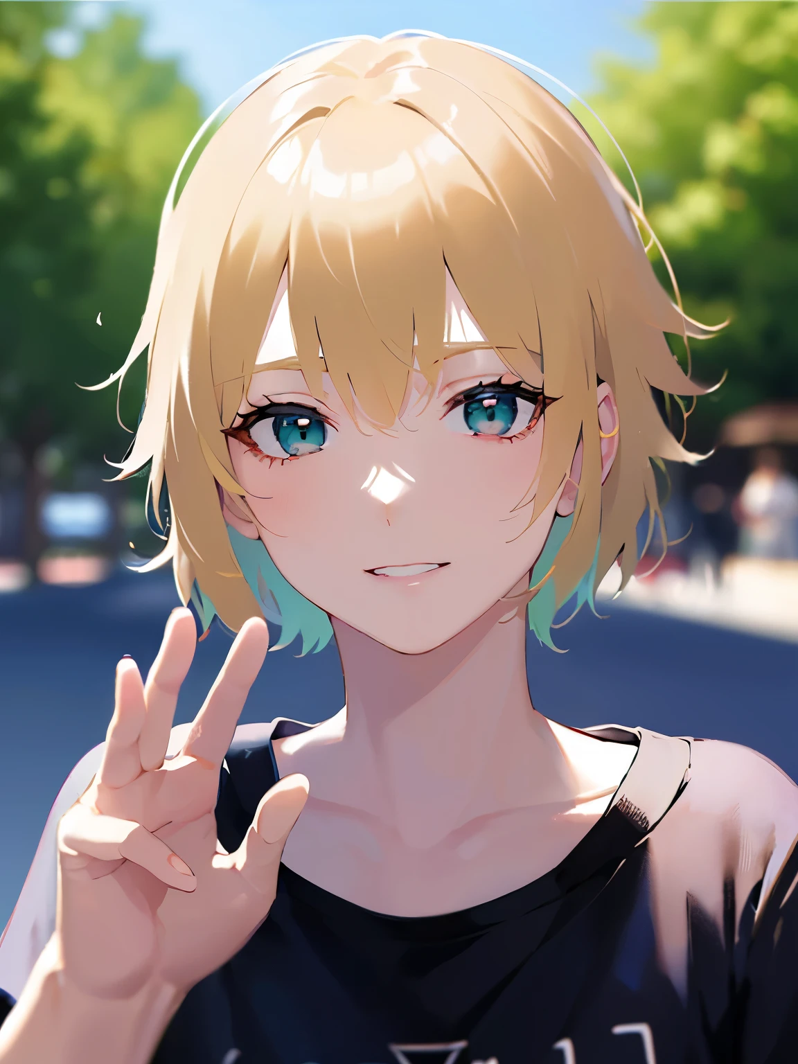 waving hand, Biologically correct five fingers、cute, Upper Body, Realistic, real person, (pale skin: 1.2), RAW photo, photorealistic, portrait photography, shiny skin, japanese idol、shiny hair、japanese, (25 year old man with blonde bangs) and (green eyes) and (very short hair:1.5), (black) and (Plain T-shirt:1.5), smile, background is outside、Alone