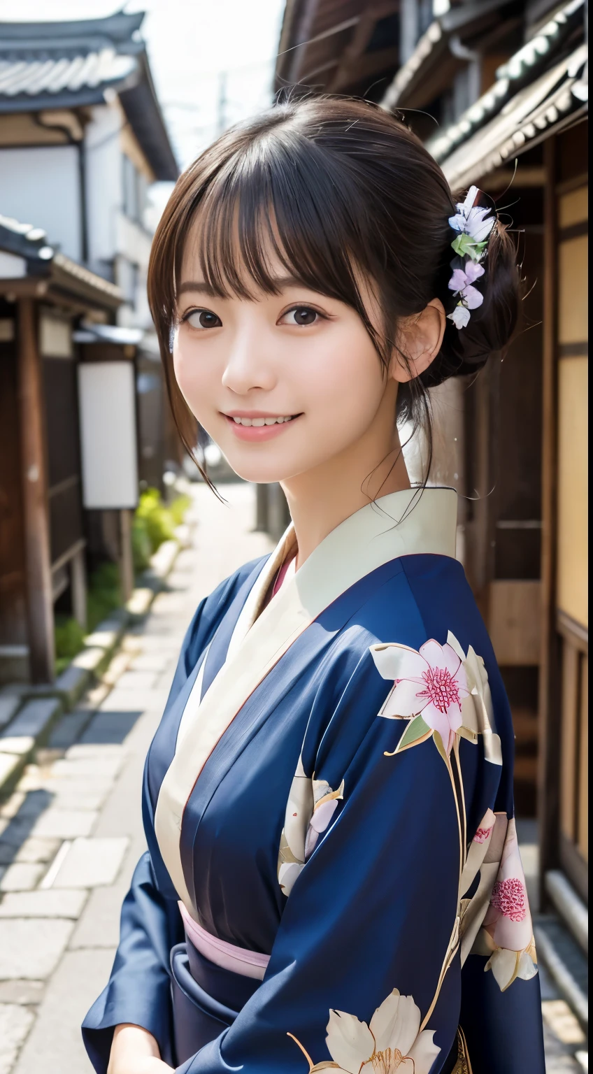 professional lighting,(Photoreal:1.4), (Top image quality:1.0), (超A high resolution:1.0), 8K, Raw photography, (masterpiece:0.2), (Pueros face_V1:0.5)、(最高quality Detail:1.2)、realistic、8k uh、High resolution、(1 girl:1.2)、超detailedな、High quality textures、intricate details、detailed、Very detailed CG、High quality shadows、detailed 美しく繊細な顔、Beautiful details and delicate eyes、(symmetrical eyes:1.2),Depth of the bounds written、ray tracing,1 girl, japanese girl, (natural smile:1.4),cute, thin, Portrait of a beautiful Japanese woman wearing a kimono, Standing with a dignified posture in the streets of Kyoto. A kimono with bright traditional patterns, Hair decorated with an elegant and delicate hairpin, and a gentle expression. (Against the backdrop of the old streets of Kyoto:1.4)、soft light on a spring afternoon、adds tranquility to the scene. Rendered in a realistic style with great attention to detail, High resolutionの画像.sky porn, magic hour, (realistic:1.3), finely, quality, (table top:1.2), (realistic:1.2), (最高quality), (複雑なdetailed), dramatic, ray tracing, photograph, +roller